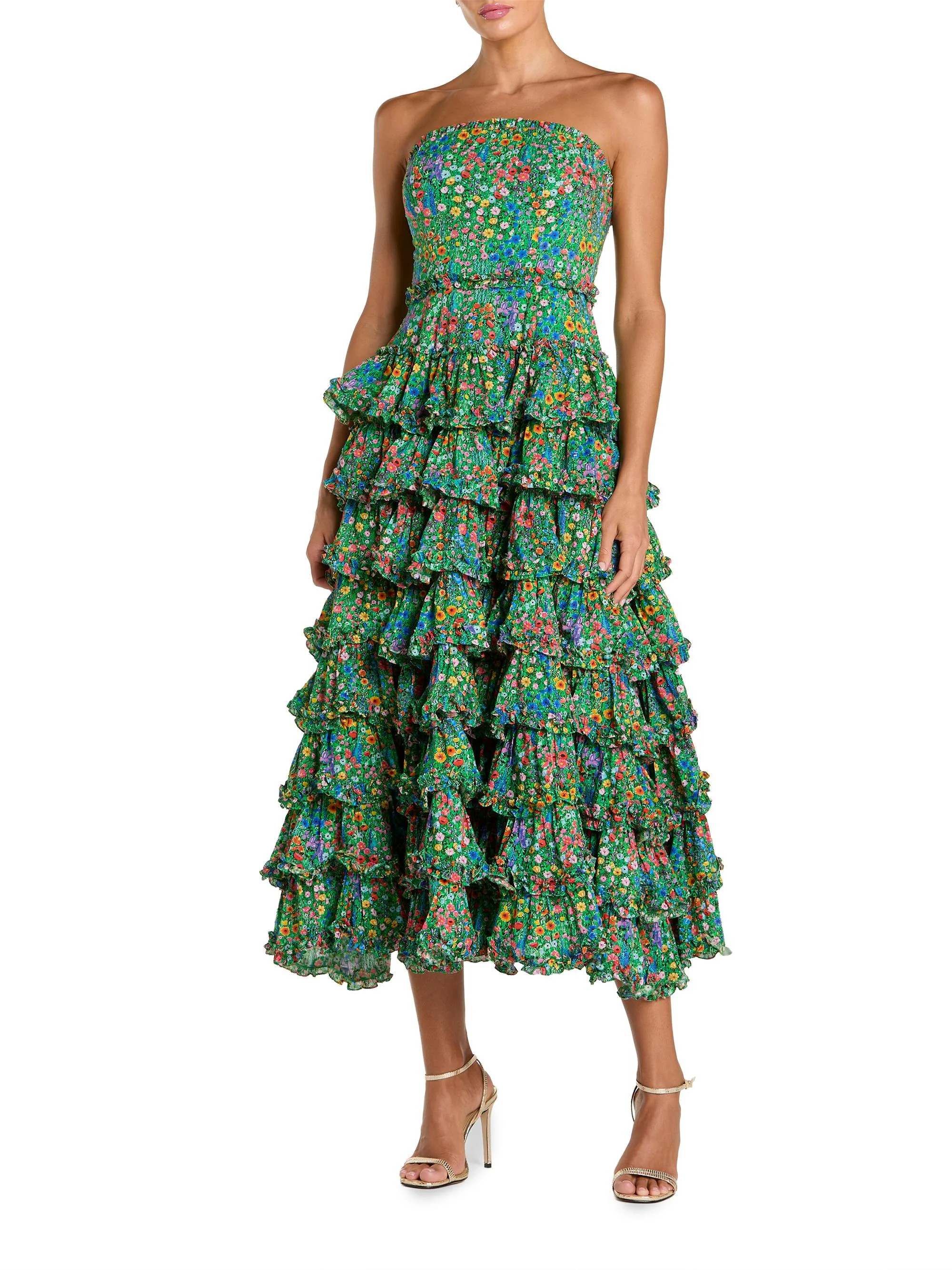 Women's Floral Ruffled Strapless Midi-Dress - Green Multi - 1