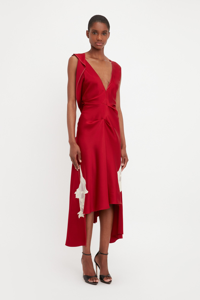 Draped Lace Midi Dress In Poppy Red 3