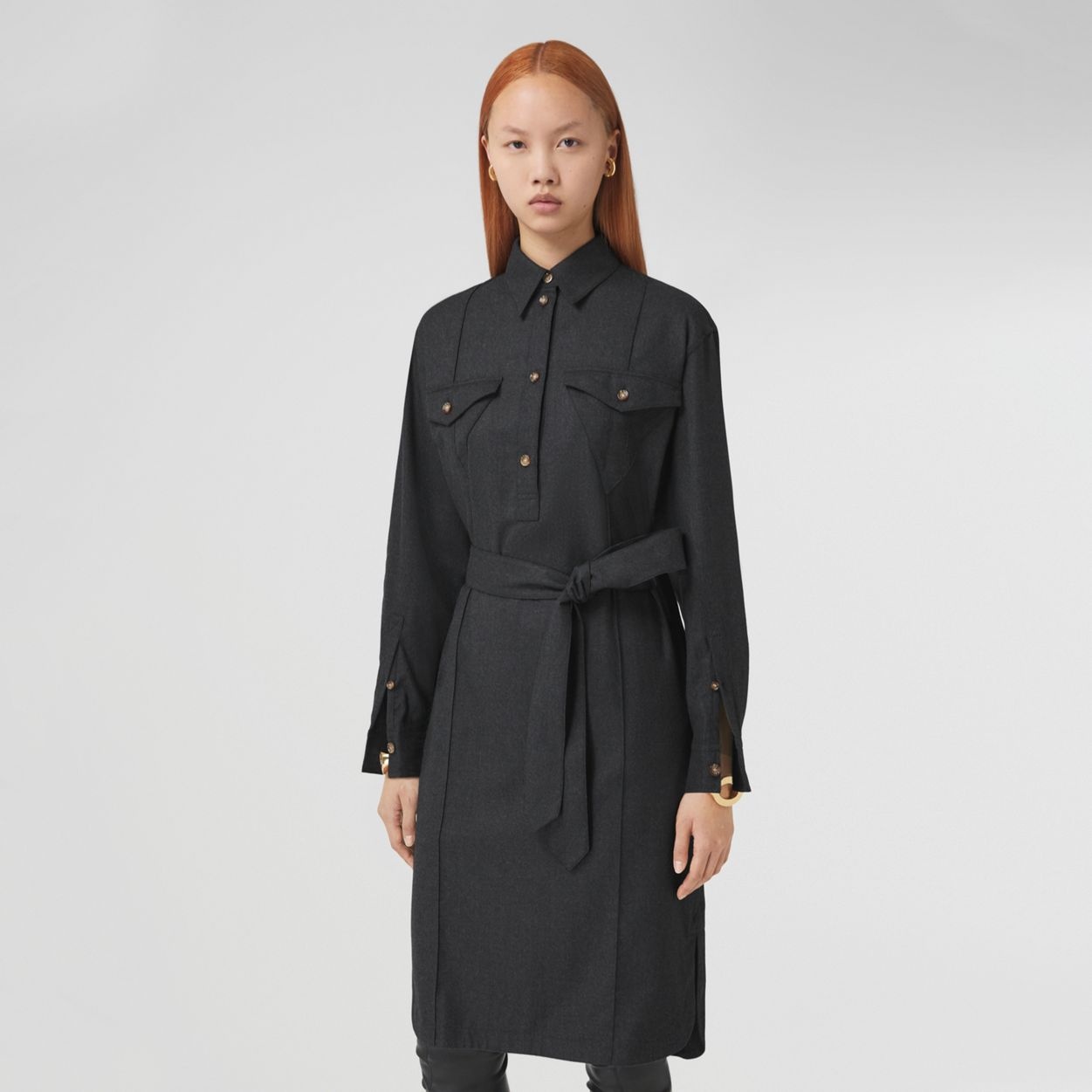 Logo Appliqué Wool Tie-waist Shirt Dress - 6