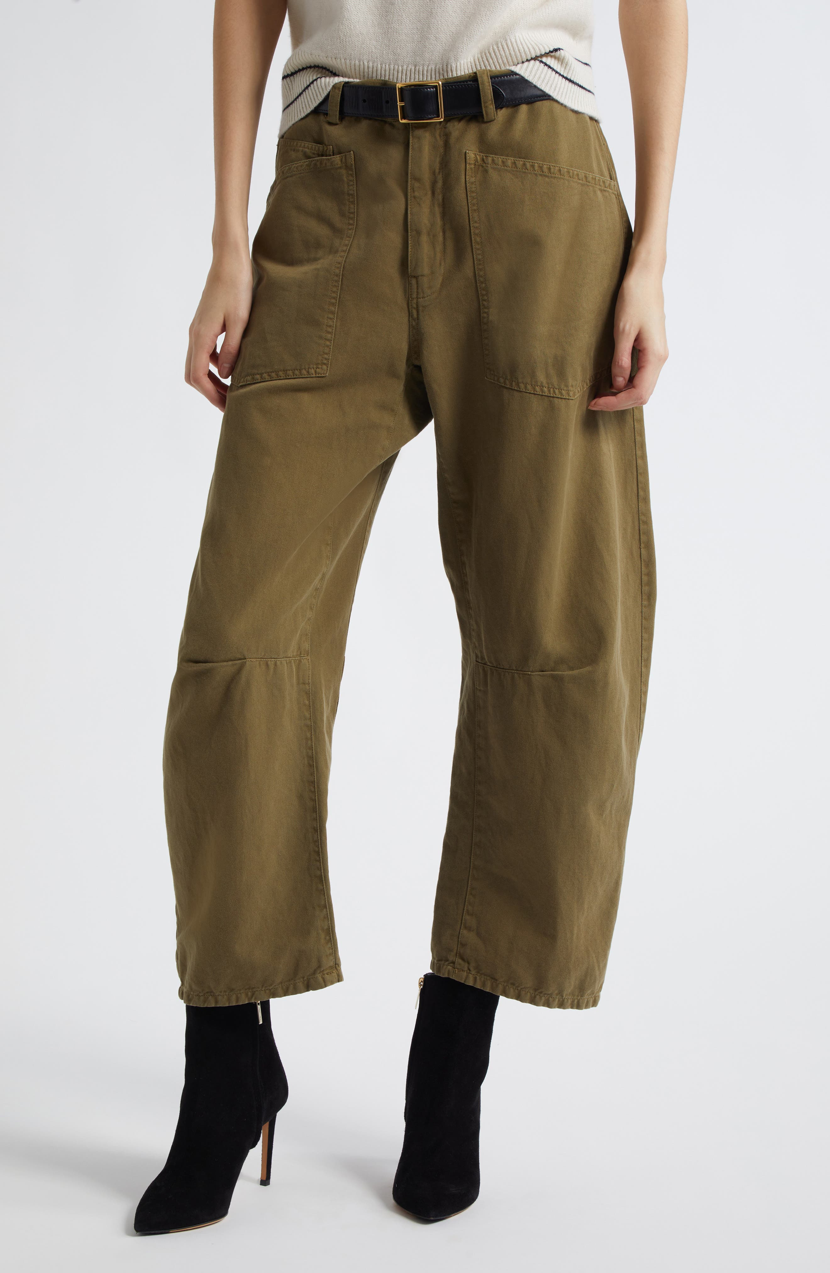 Nili Lotan Shon Barrel Leg Cotton Twill Pants in Olive Green at Nordstrom - 1