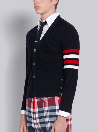 Thom Browne Navy Merino Wool Diagonal Stitch V-Neck RWB 4-Bar Cardigan outlook