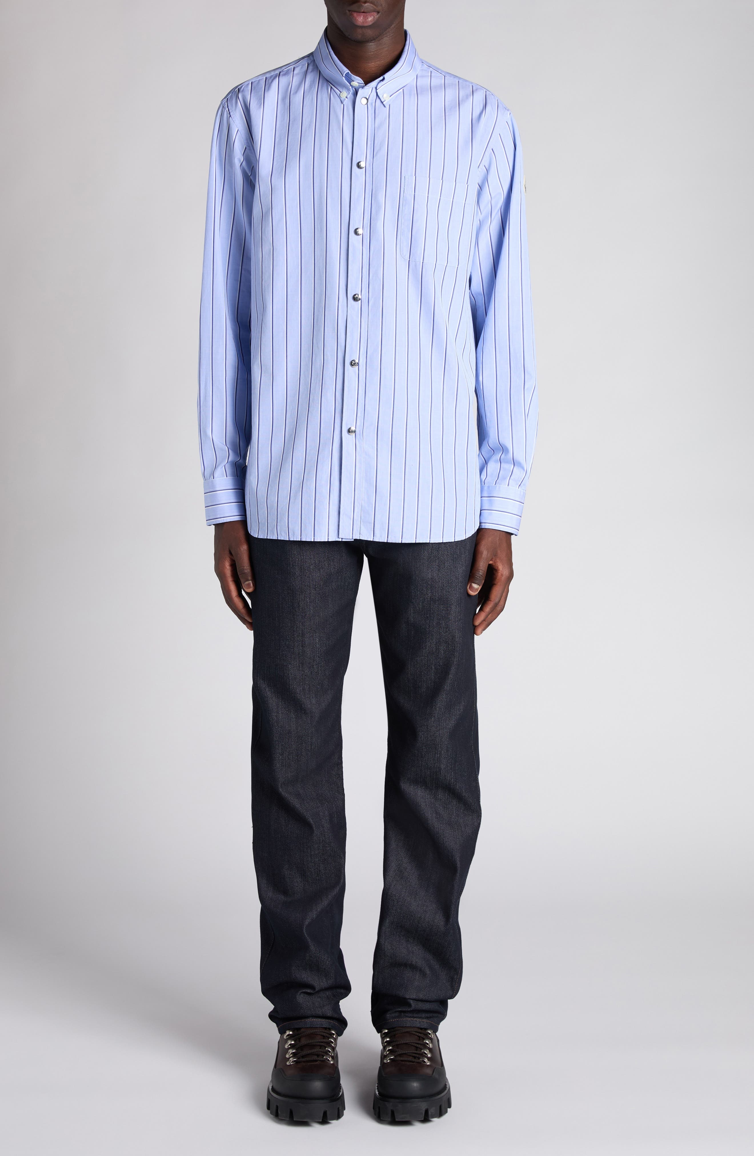 Moncler Logo Patch Stripe Cotton Poplin Button-Down Shirt in Light Blue at Nordstrom - 2