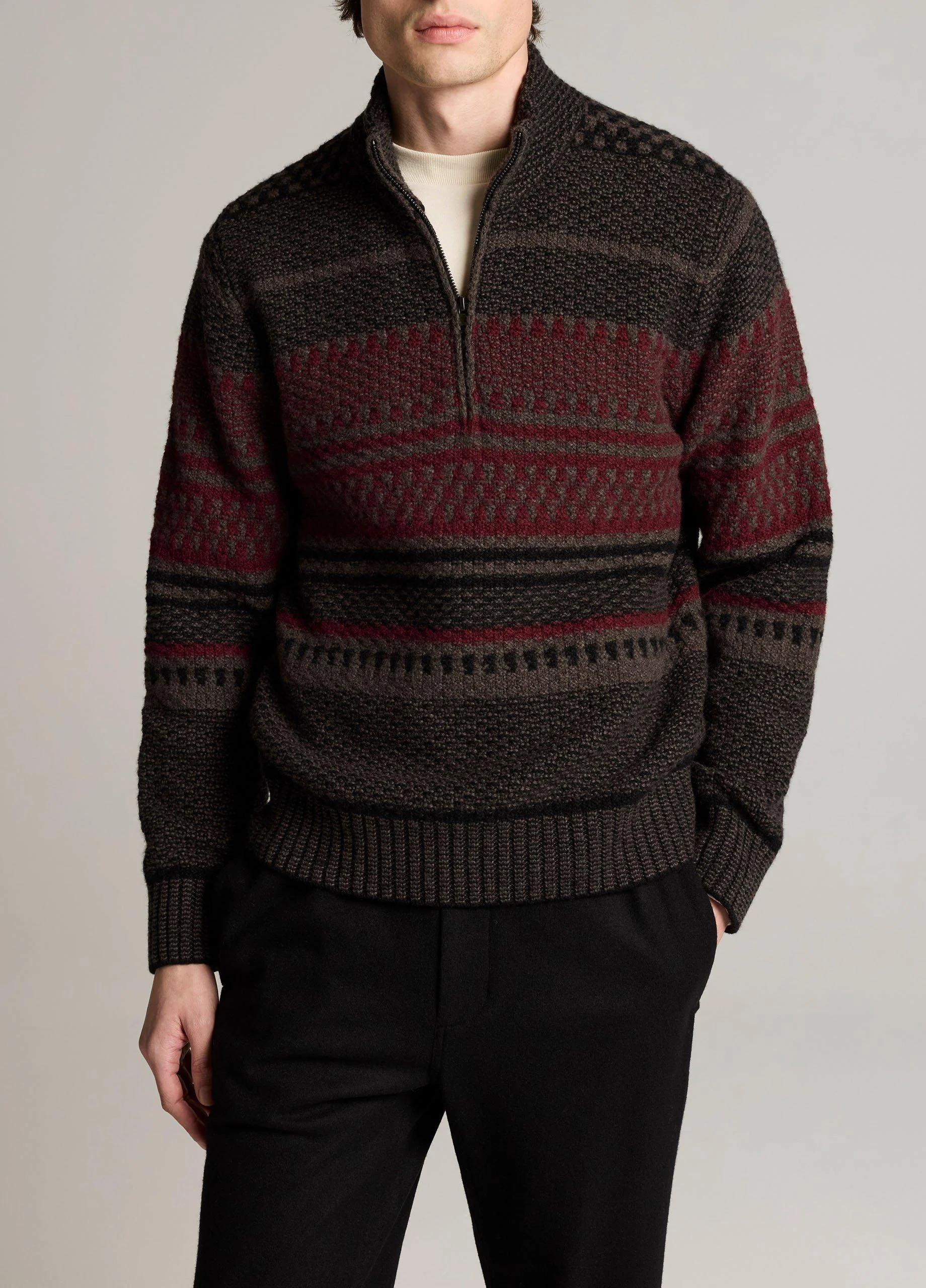 Merino Wool-Blend Variegated Jacquard Quarter-Zip Sweater - 1