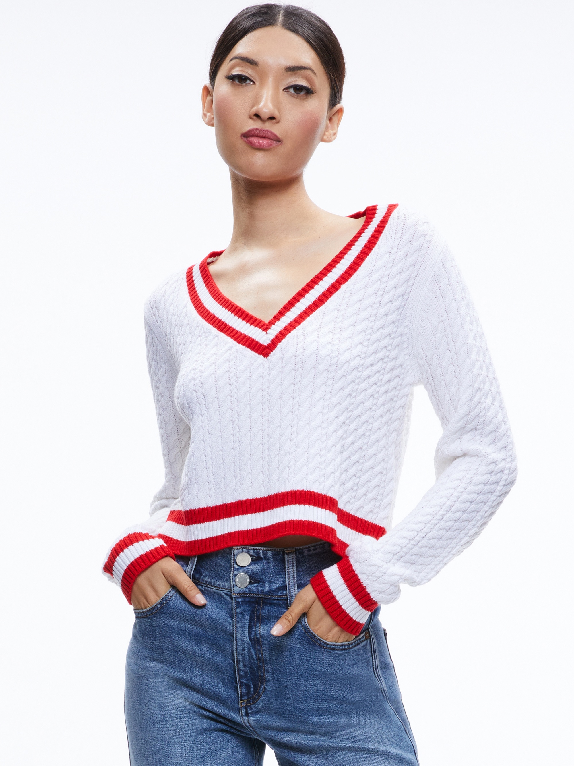 Alice + Olivia MARIKA CABLE KNIT V-NECK PULLOVER