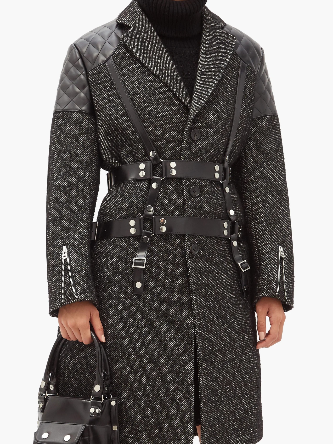 Vinyl-strap patch-pocket wool-tweed coat - 6