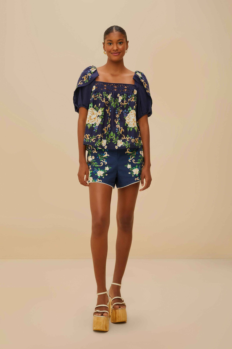 Navy Blue Flower Tapestry Shorts 1