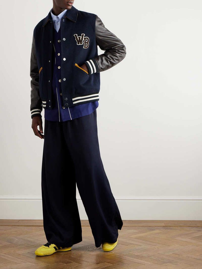 WALES BONNER Logo-Appliquéd Leather and Brushed Wool-Blend Varsity Jacket outlook
