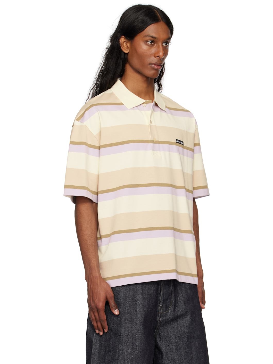 Beige & Off-White Striped SS Oversize Polo - 2