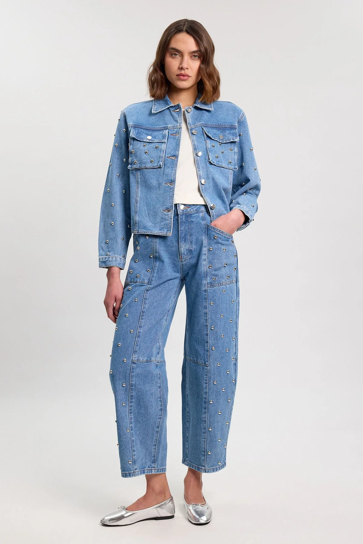 Denim Studded Barrel Leg Jean - 1