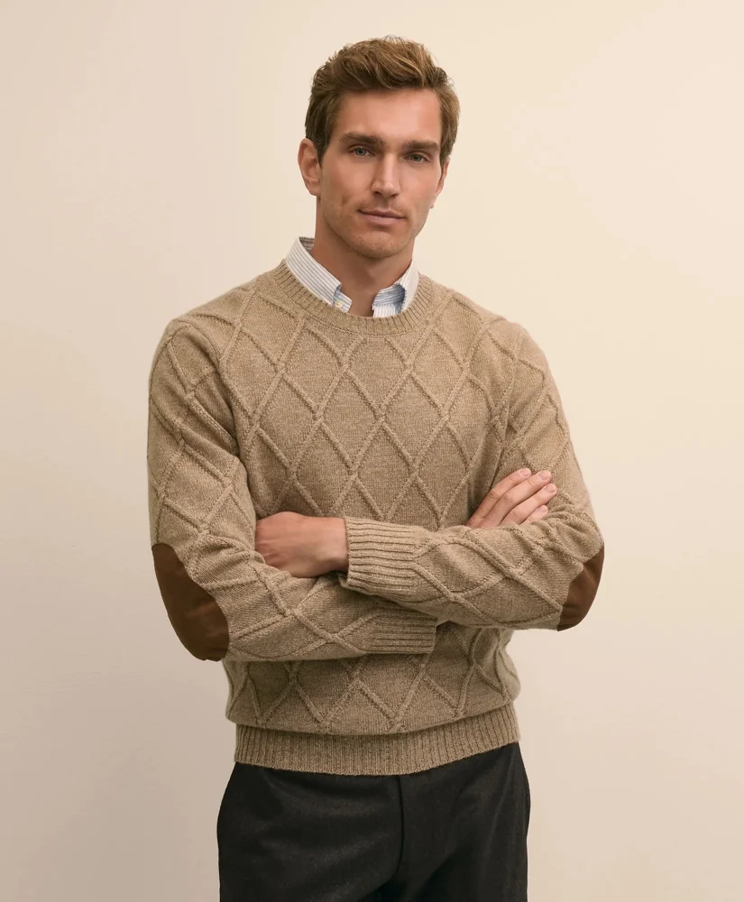 Camel Hair Diamond-Cable Knit Elbow Patch Sweater - 1