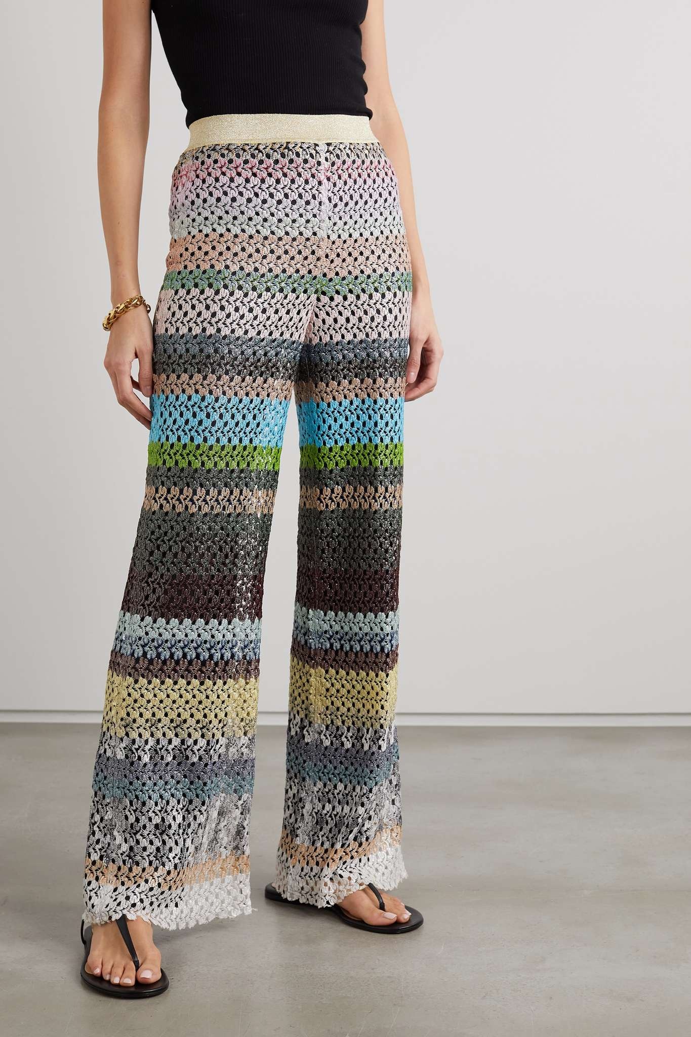 Metallic striped crochet-knit wide-leg pants - 3