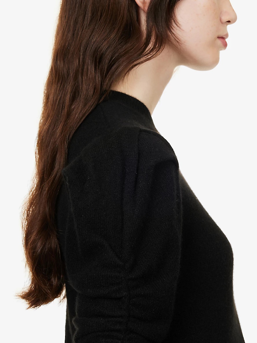 Puffed-sleeve ribbed-trim cashmere top - 5