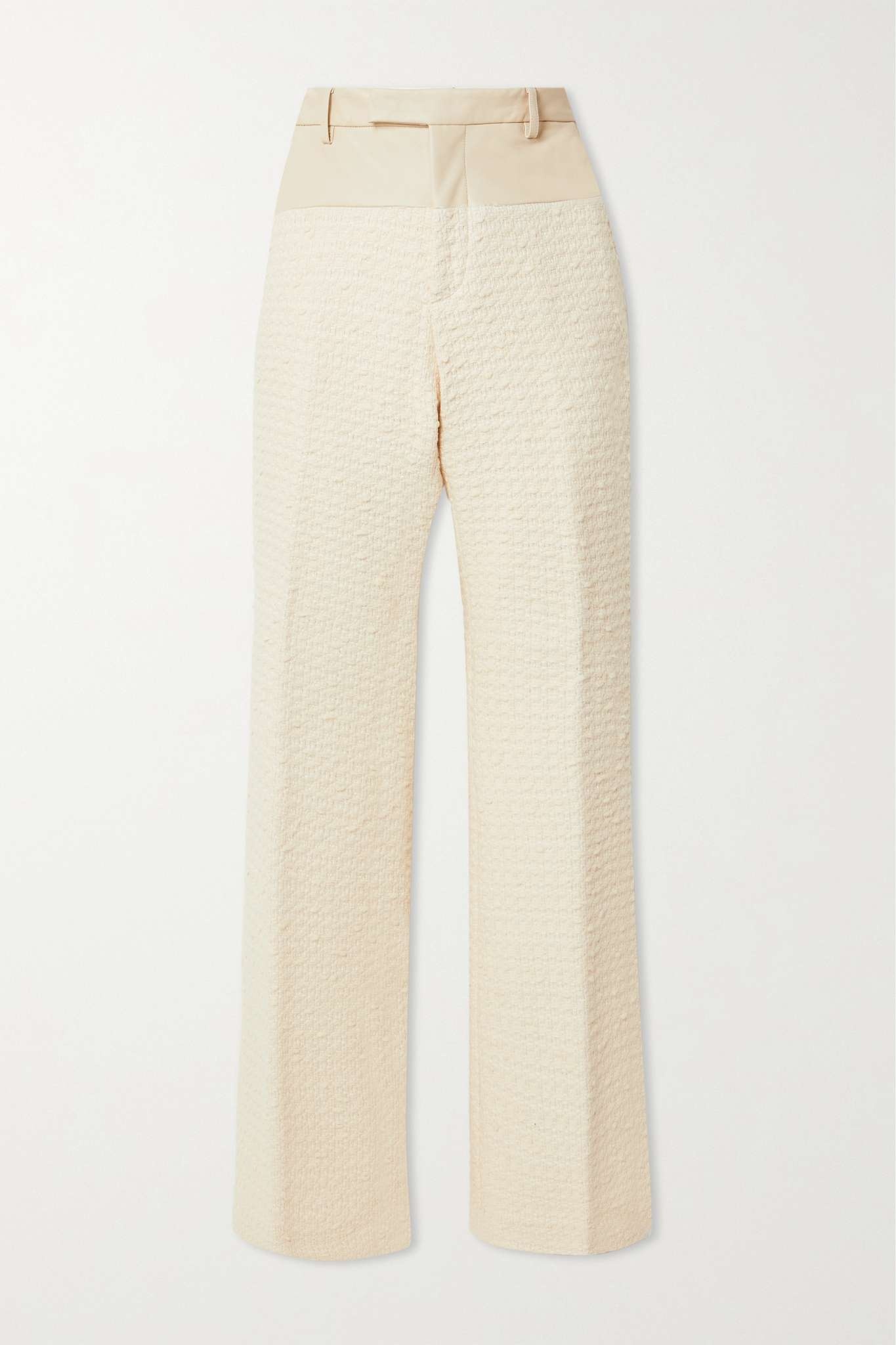 Leather-trimmed cotton-blend tweed bootcut pants - 1