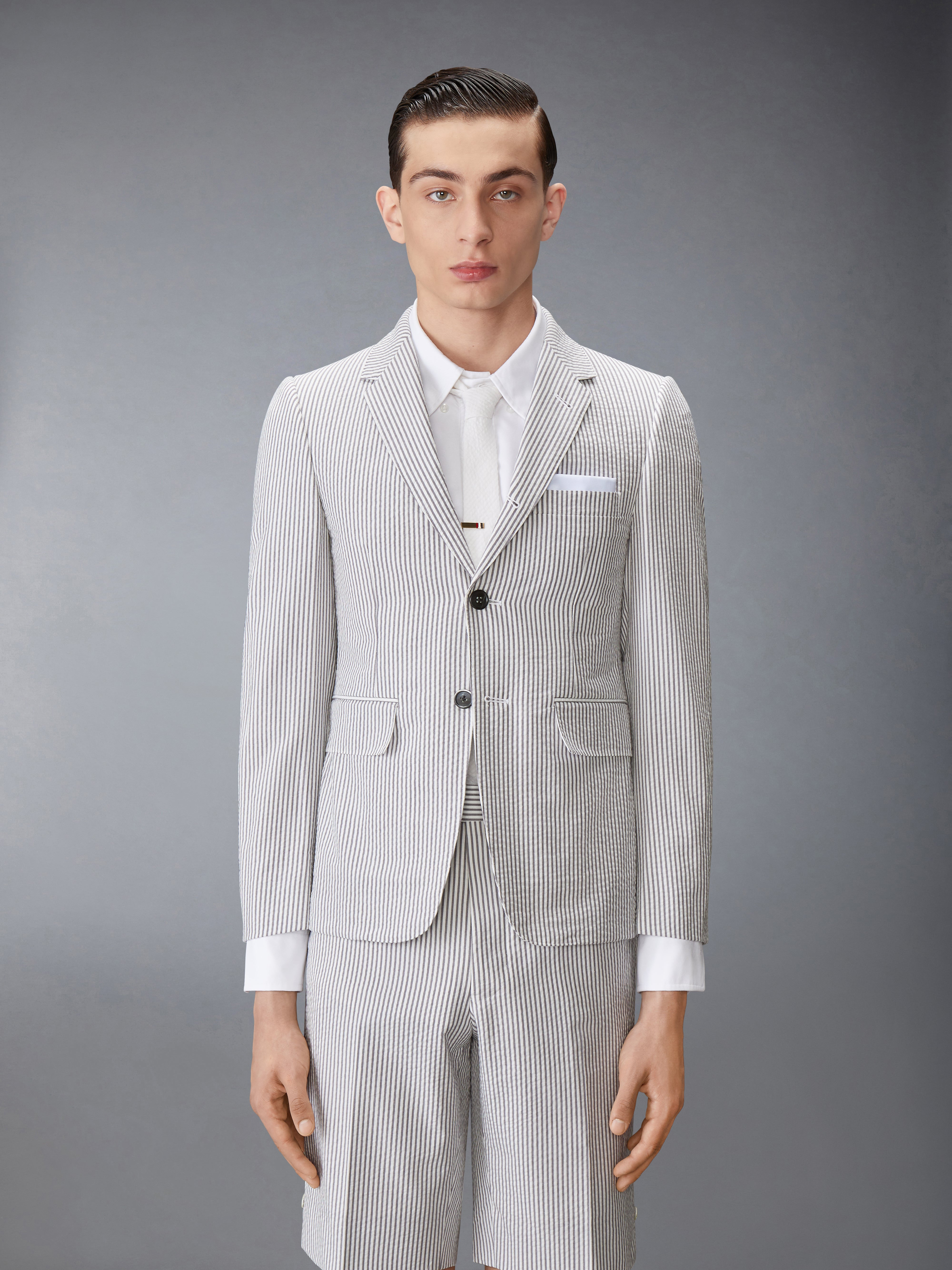 Medium Grey and White Seersucker Half Lined Single Breasted Classic Jacket - 2