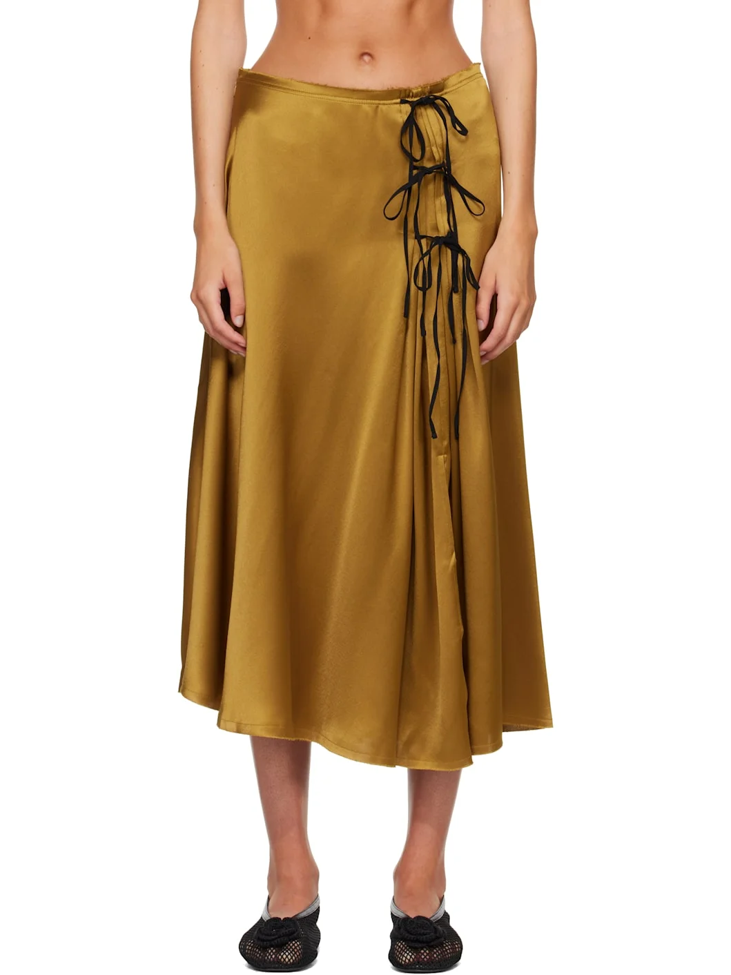 Khaki Satin Midi Skirt - 1