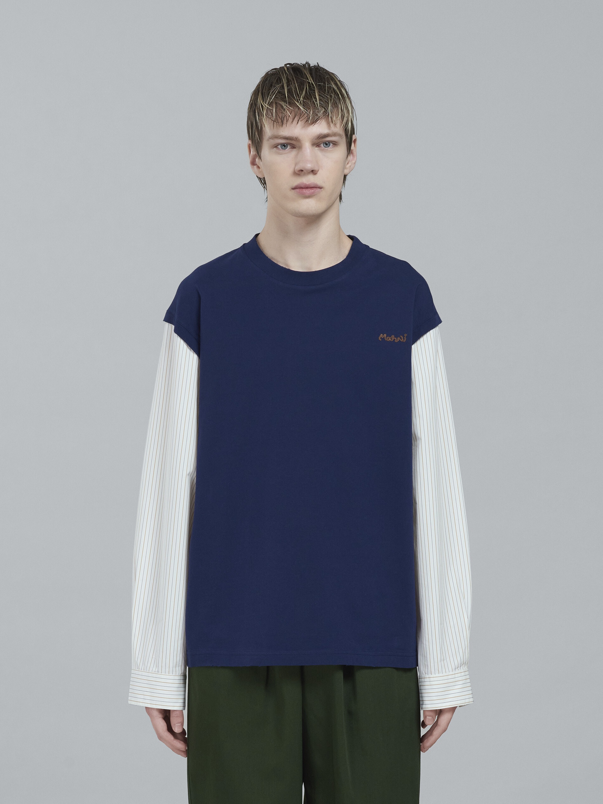 BLUE JERSEY T-SHIRT WITH STRIPED POPLIN SLEEVES - 2