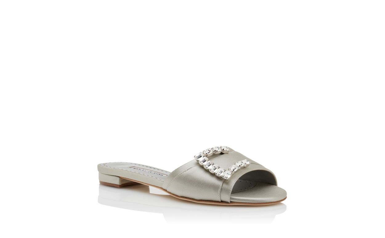 Grey Satin Embellished Flat Sandals - 3