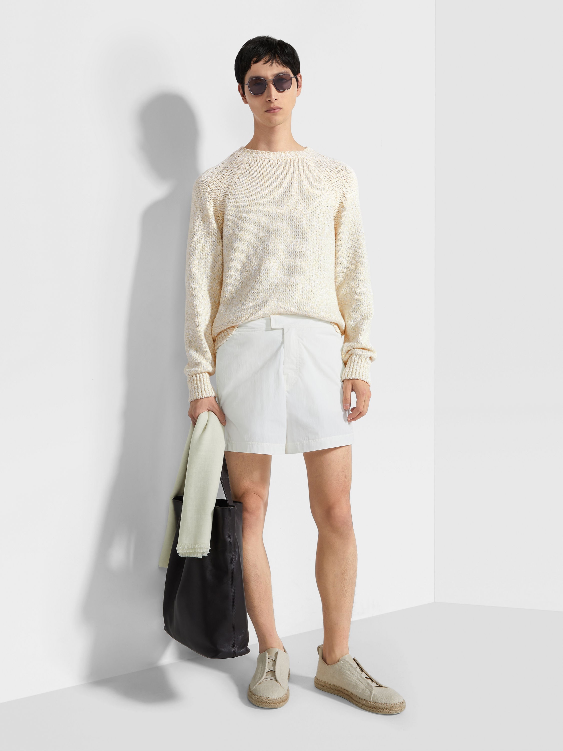 LIGHT YELLOW WHITE AND OPTICAL WHITE COTTON CREWNECK - 3