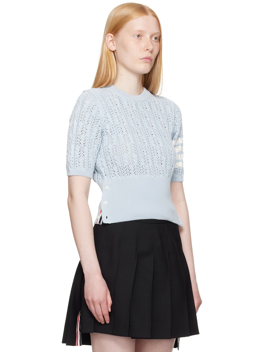 Blue Pointelle Cable Stitch 4-Bar Sweater - 2
