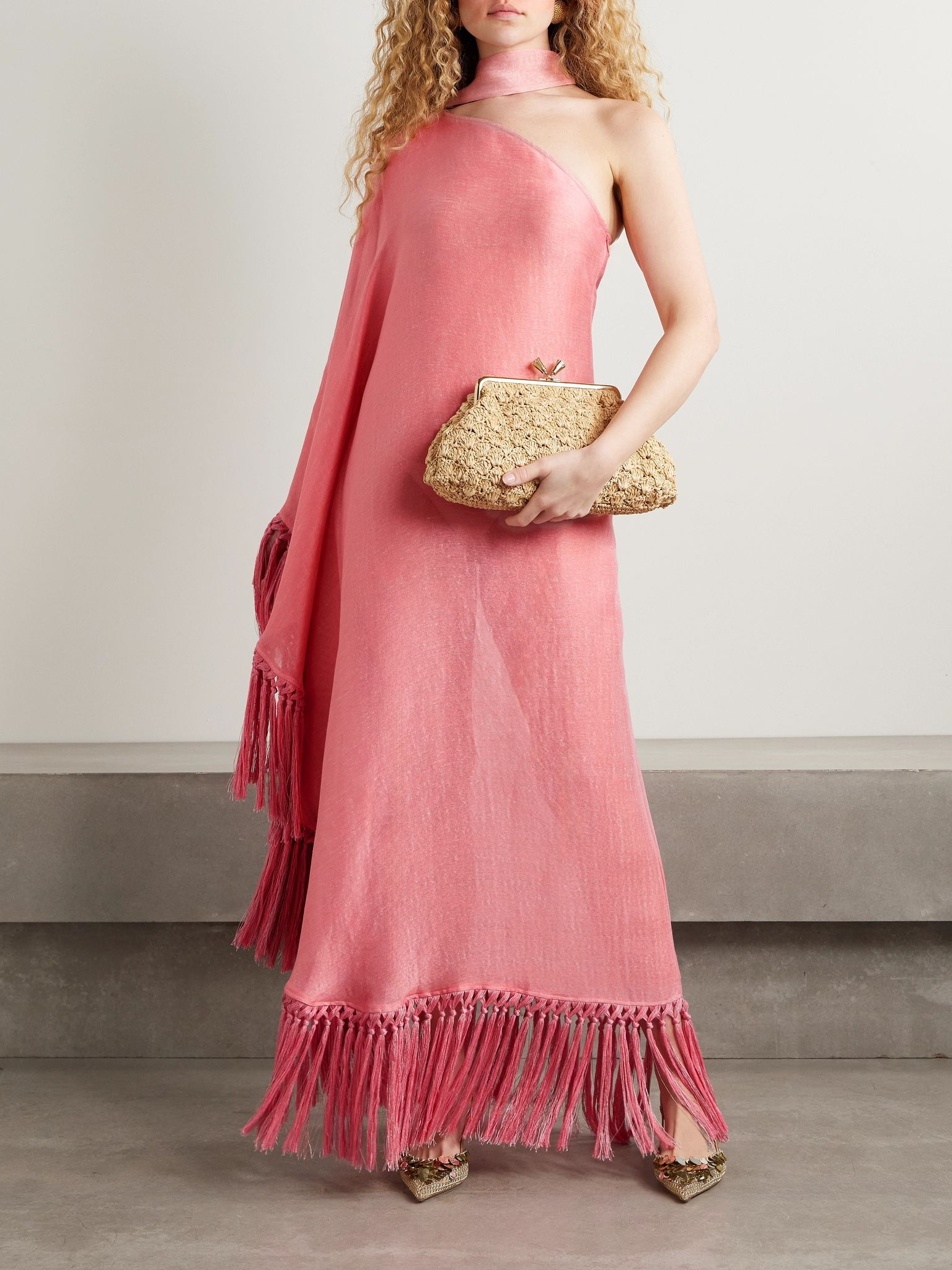 Arno one-sleeve fringed linen-blend gown Pink - 2