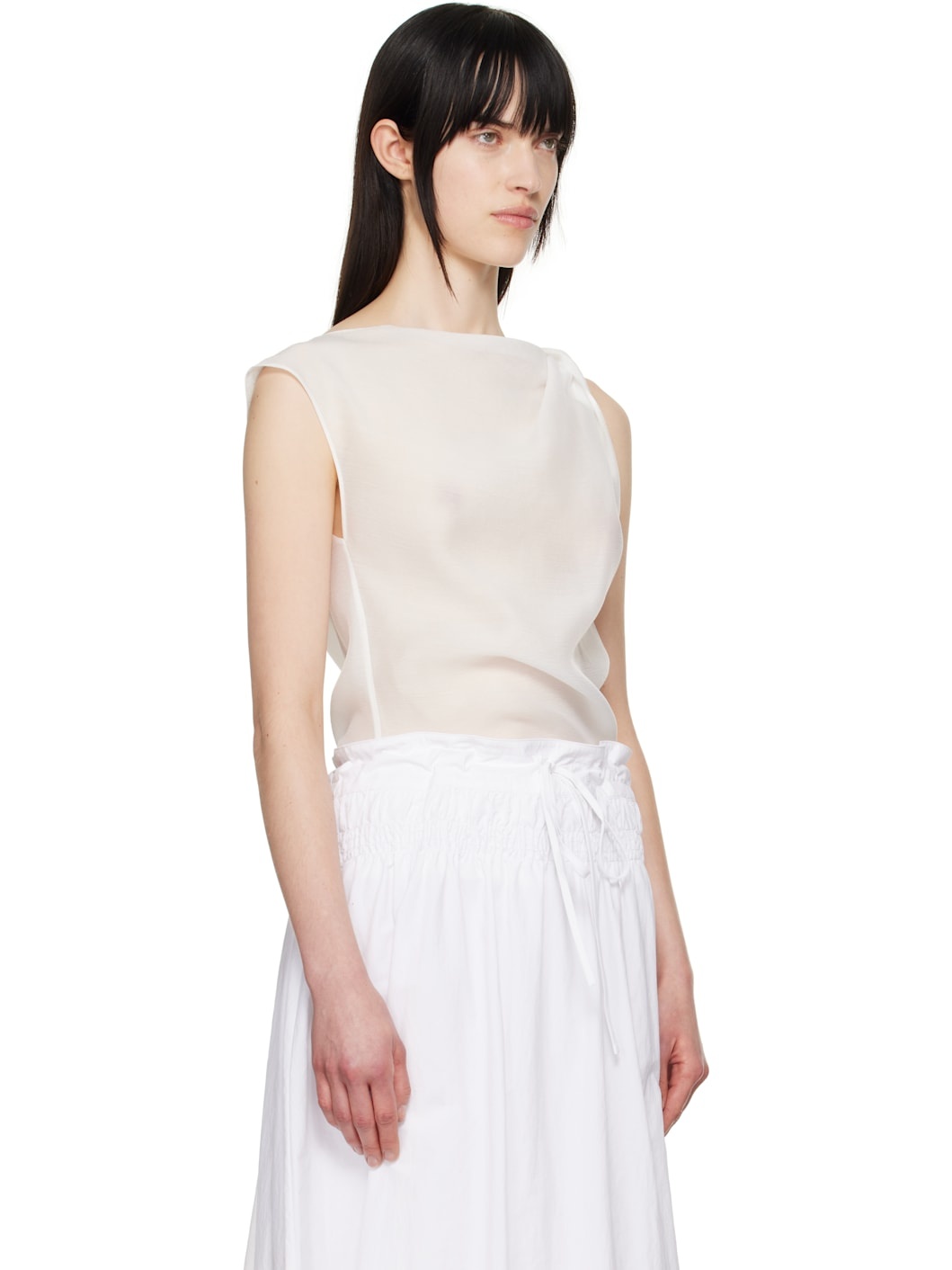 White Asymmetrical Draped Tank Top - 2