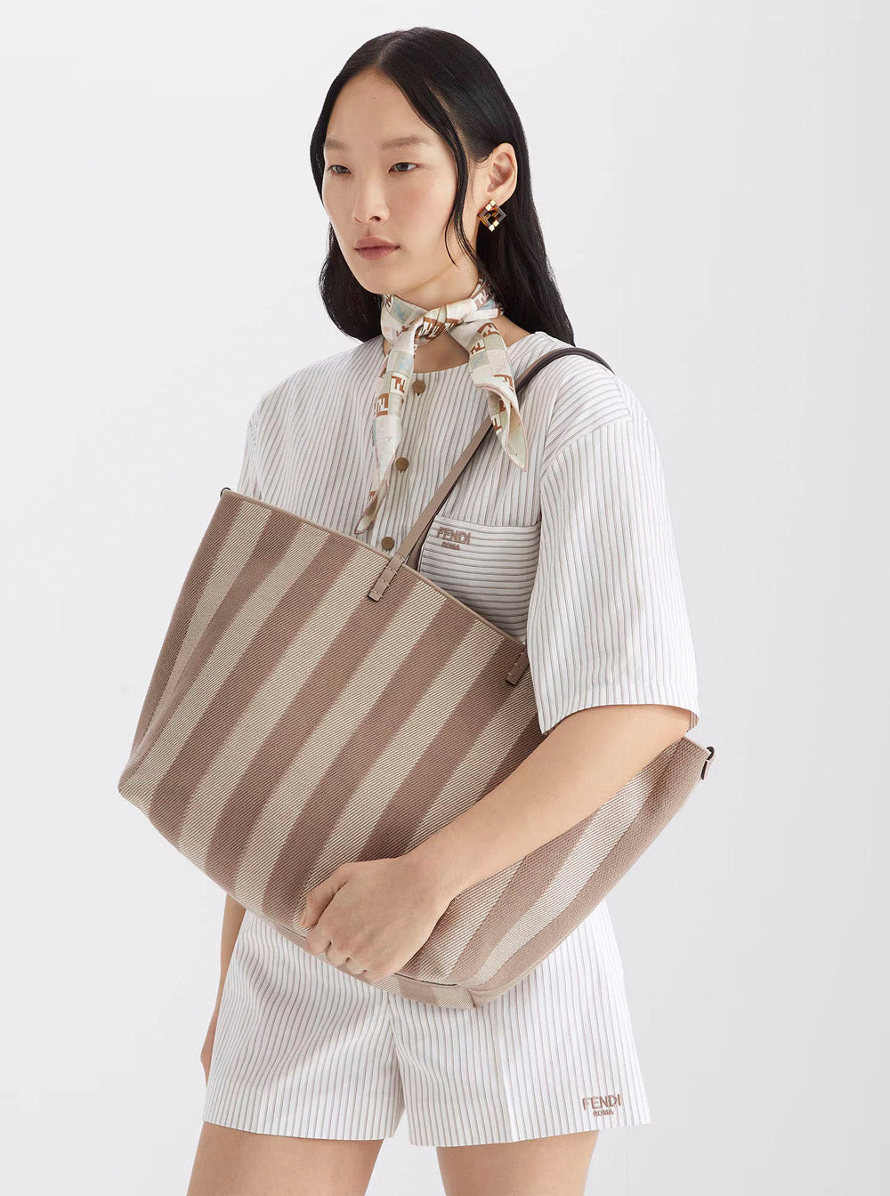 Fendi Women 'Roll' Beige Reversible Tote Bag With Two Top Handles And All-Over Striped Motif In Cott - 7