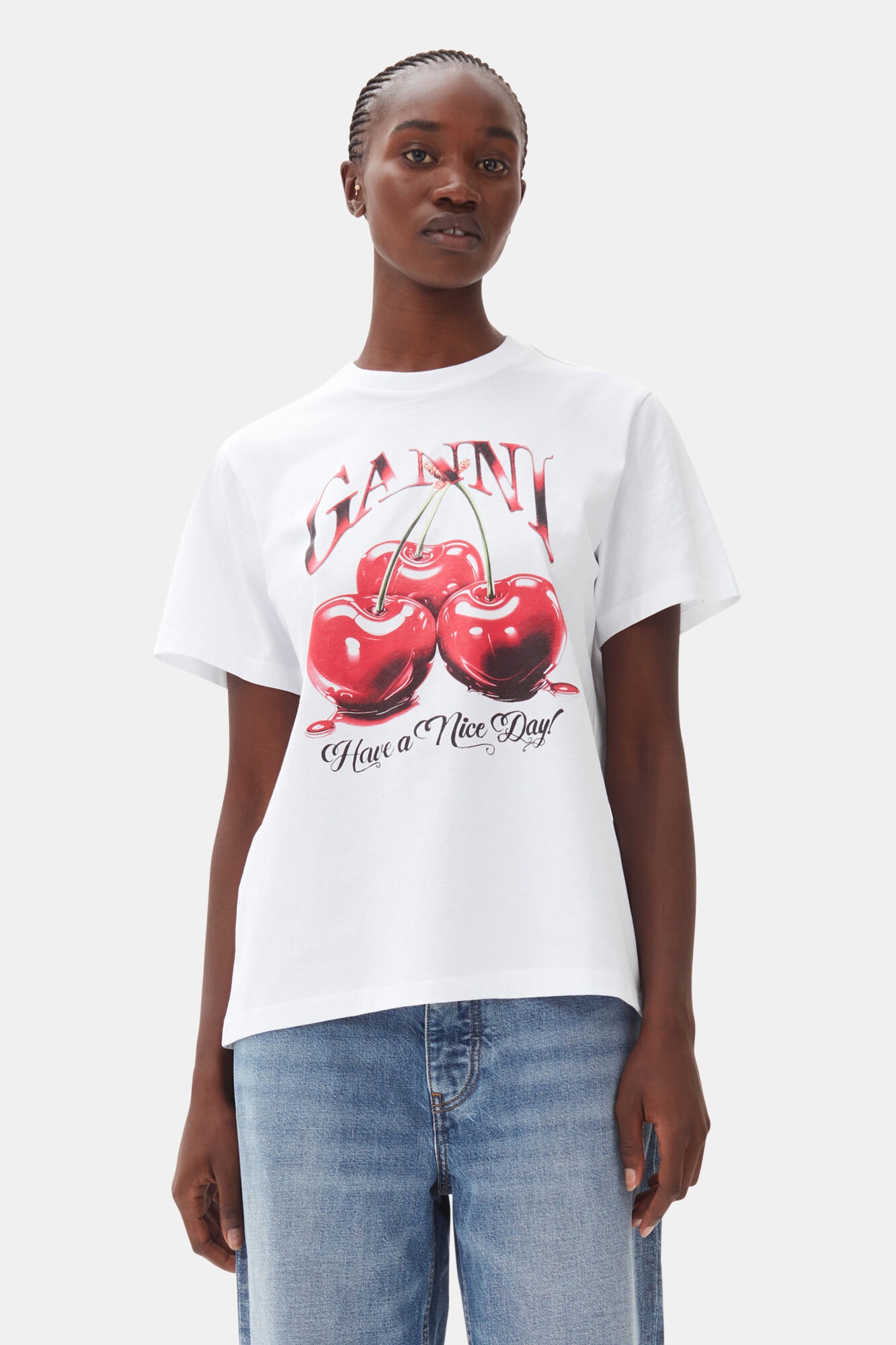 WHITE BASIC JERSEY CHERRY RELAXED T-SHIRT - 2