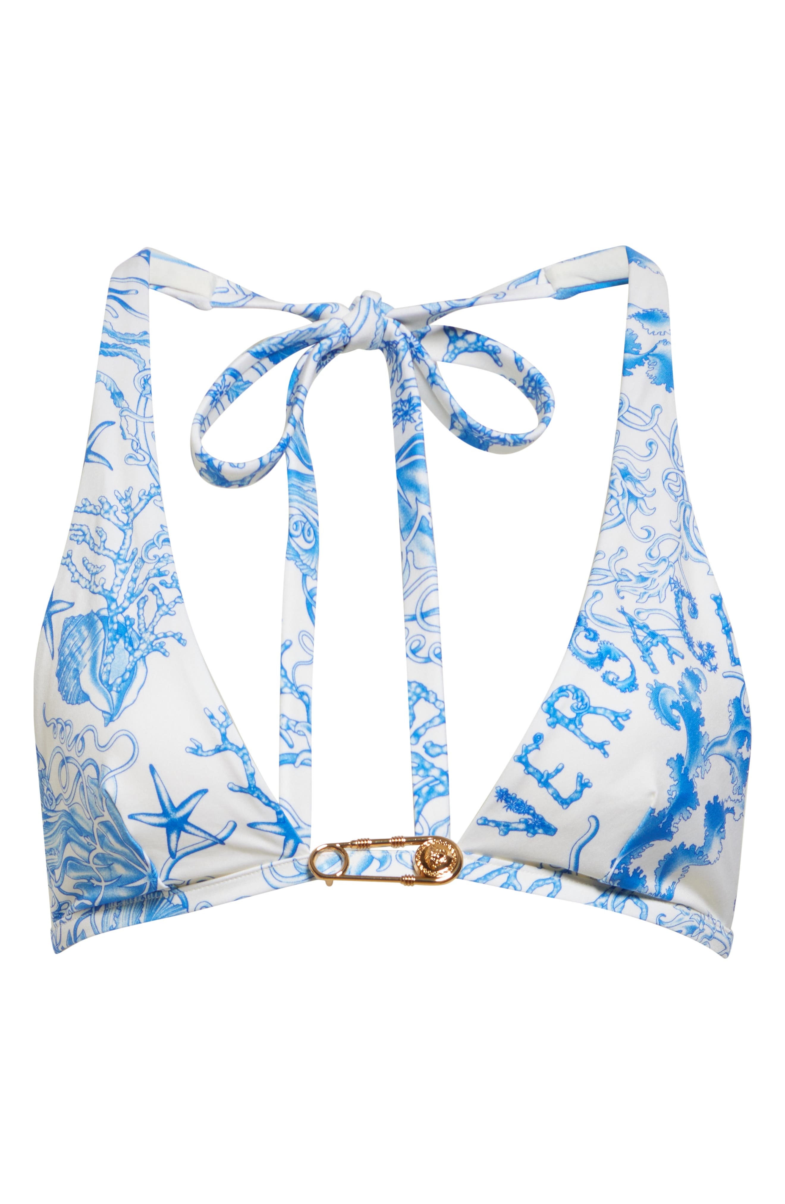 Versace Underwater Barocco Safety Pin Triangle Bikini Top in Eggshell Bright Blue at Nordstrom - 6
