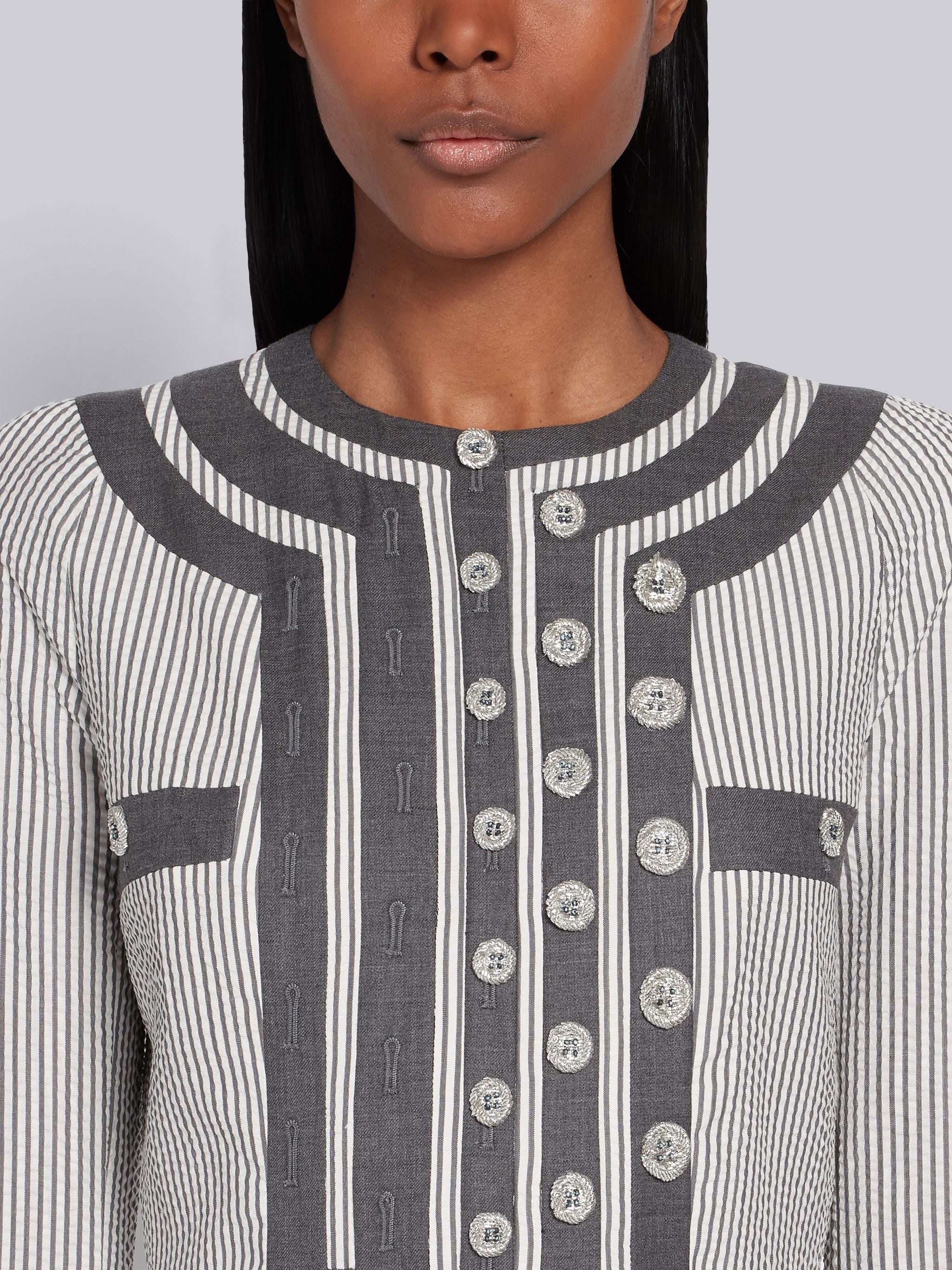 Medium Grey Wool Trompe L'oeil Seersucker Print Cardigan Dress - 4