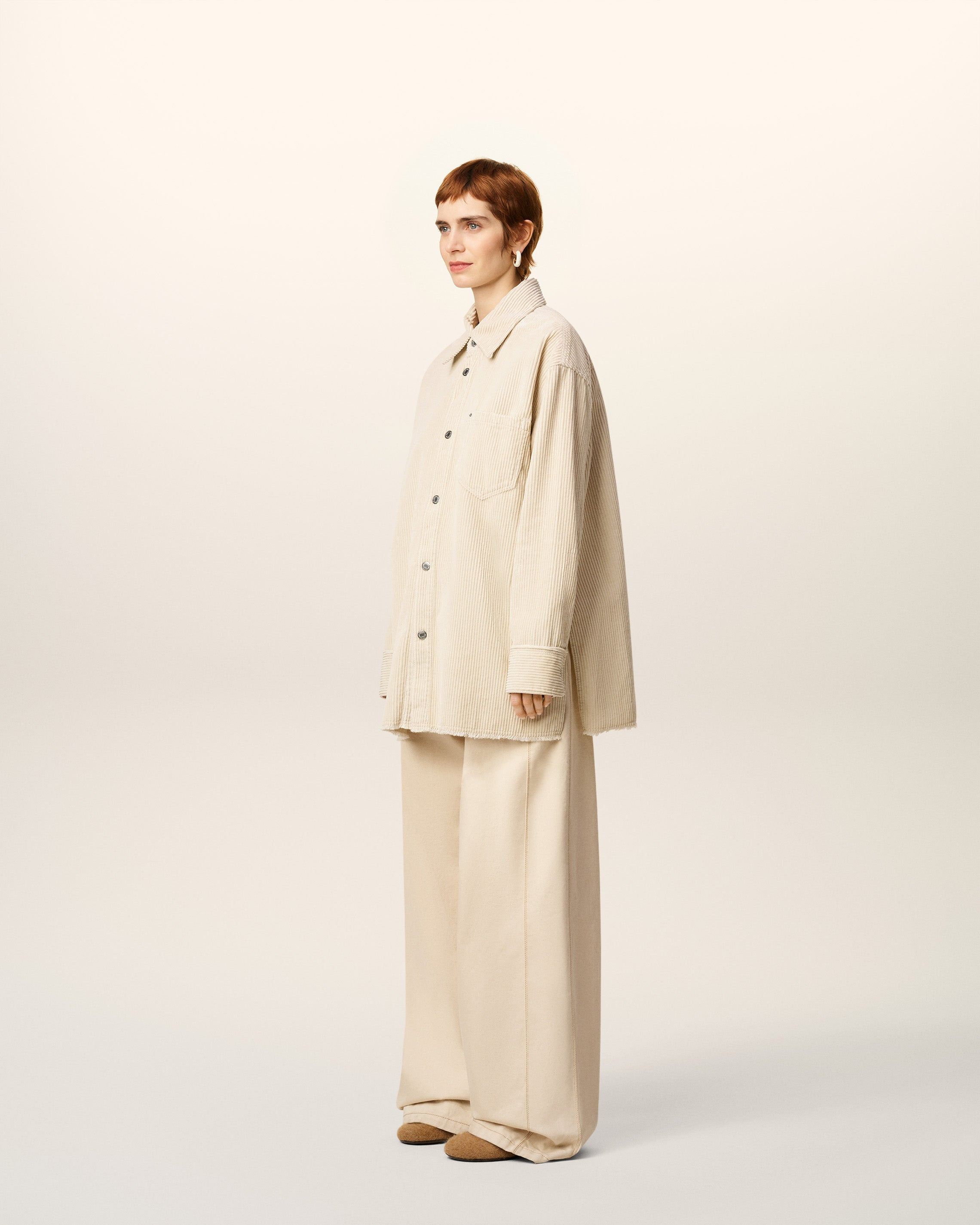 WHITE COTTON CORDUROY SIDE SLIT OVERSHIRT - 6