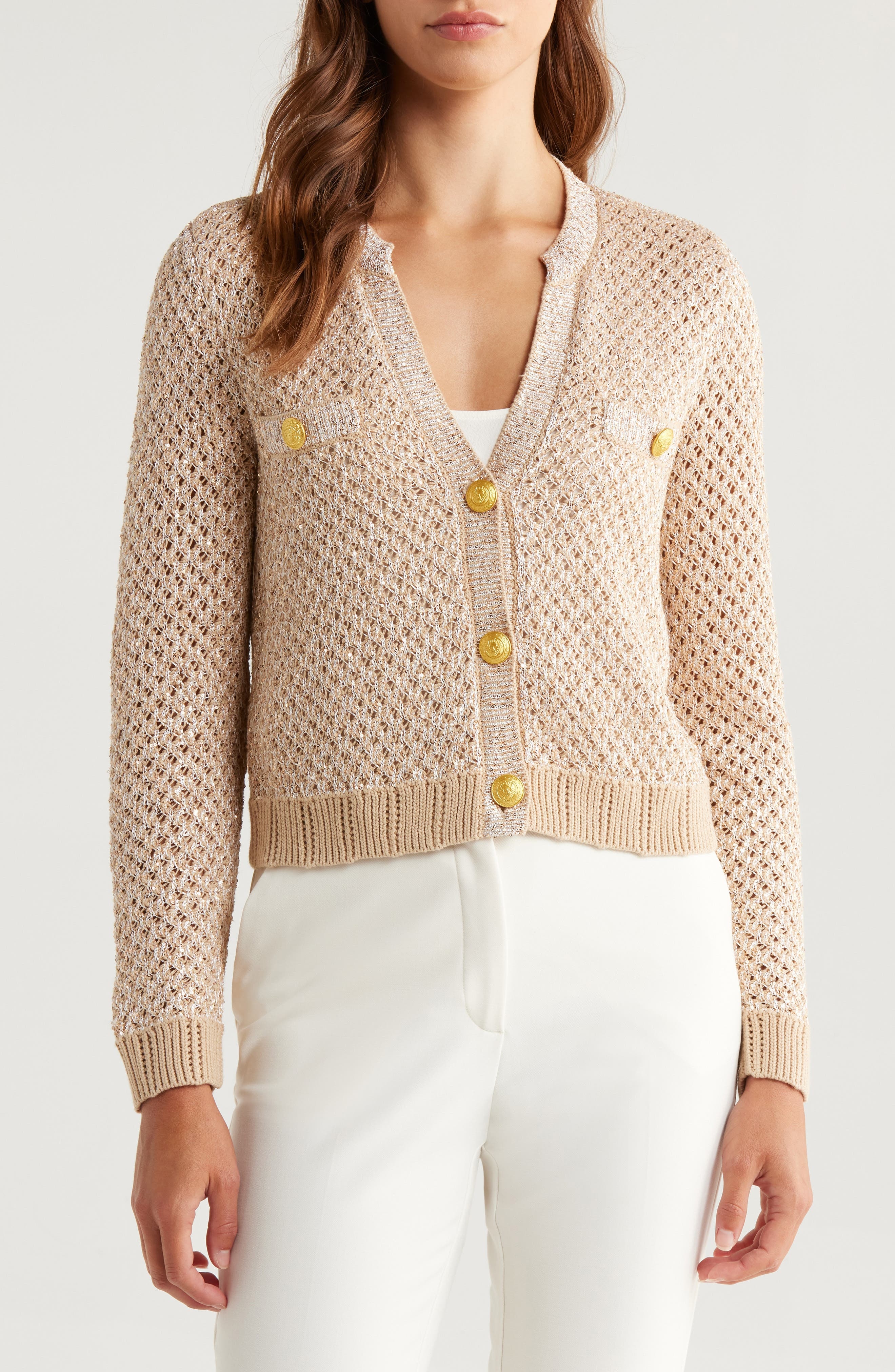 L'AGENCE Blanca Sequin Crop Cardigan in Natural Multi/Gold at Nordstrom - 4