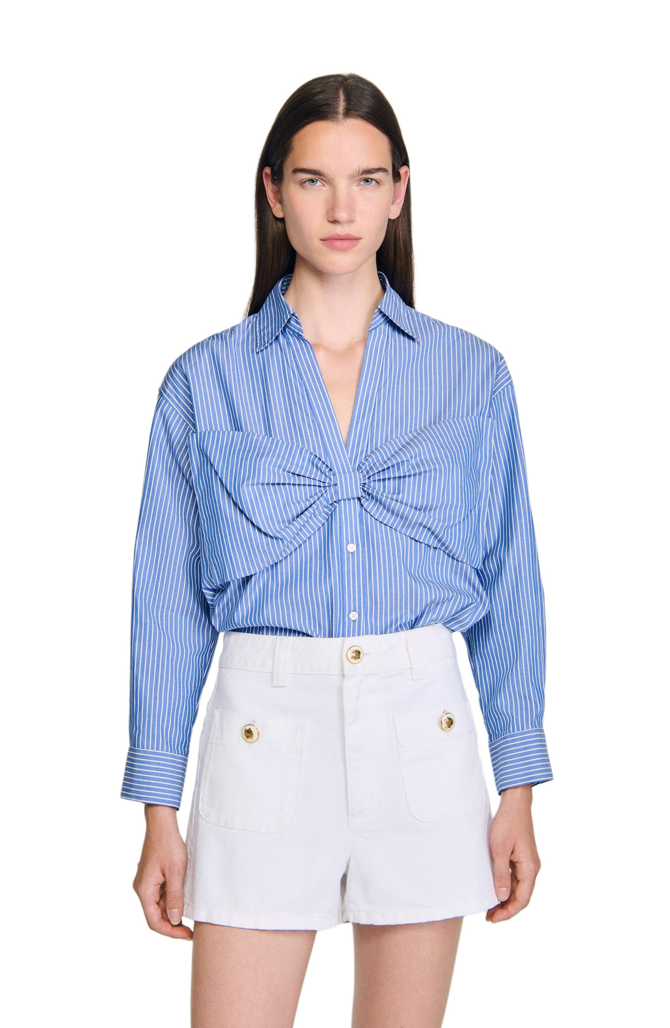 SANDRO Oversized bow shirt in Blu /White at Nordstrom - 4