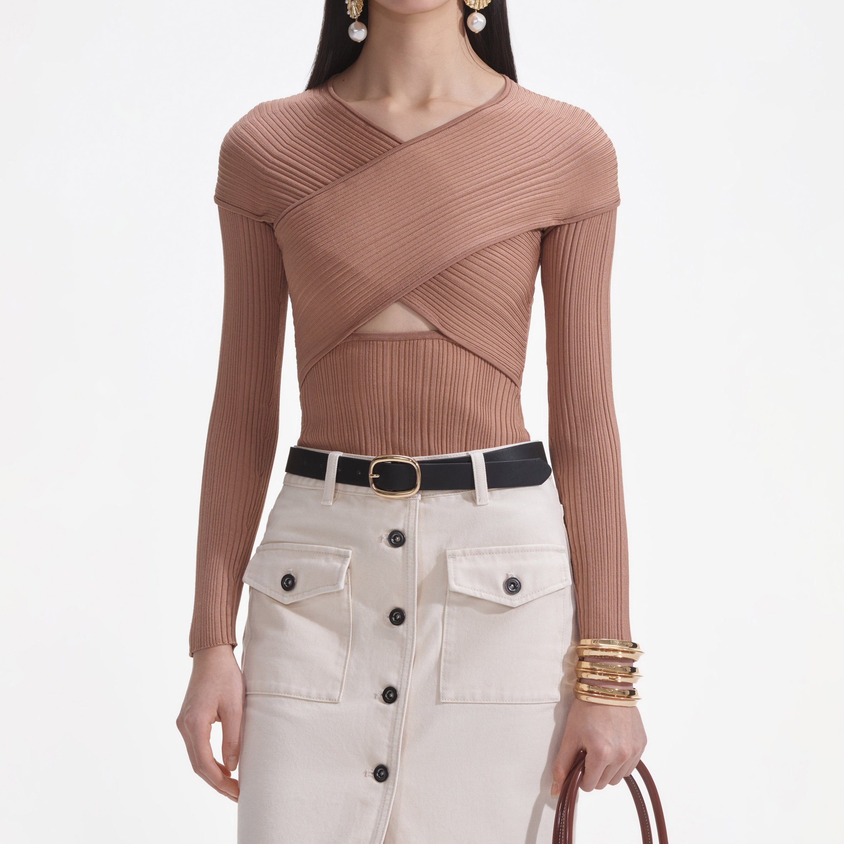 Beige Ribbed Knit Wrap Top - 4