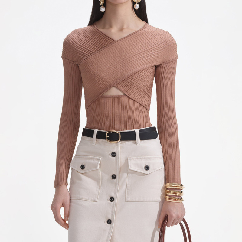 Beige Ribbed Knit Wrap Top 4
