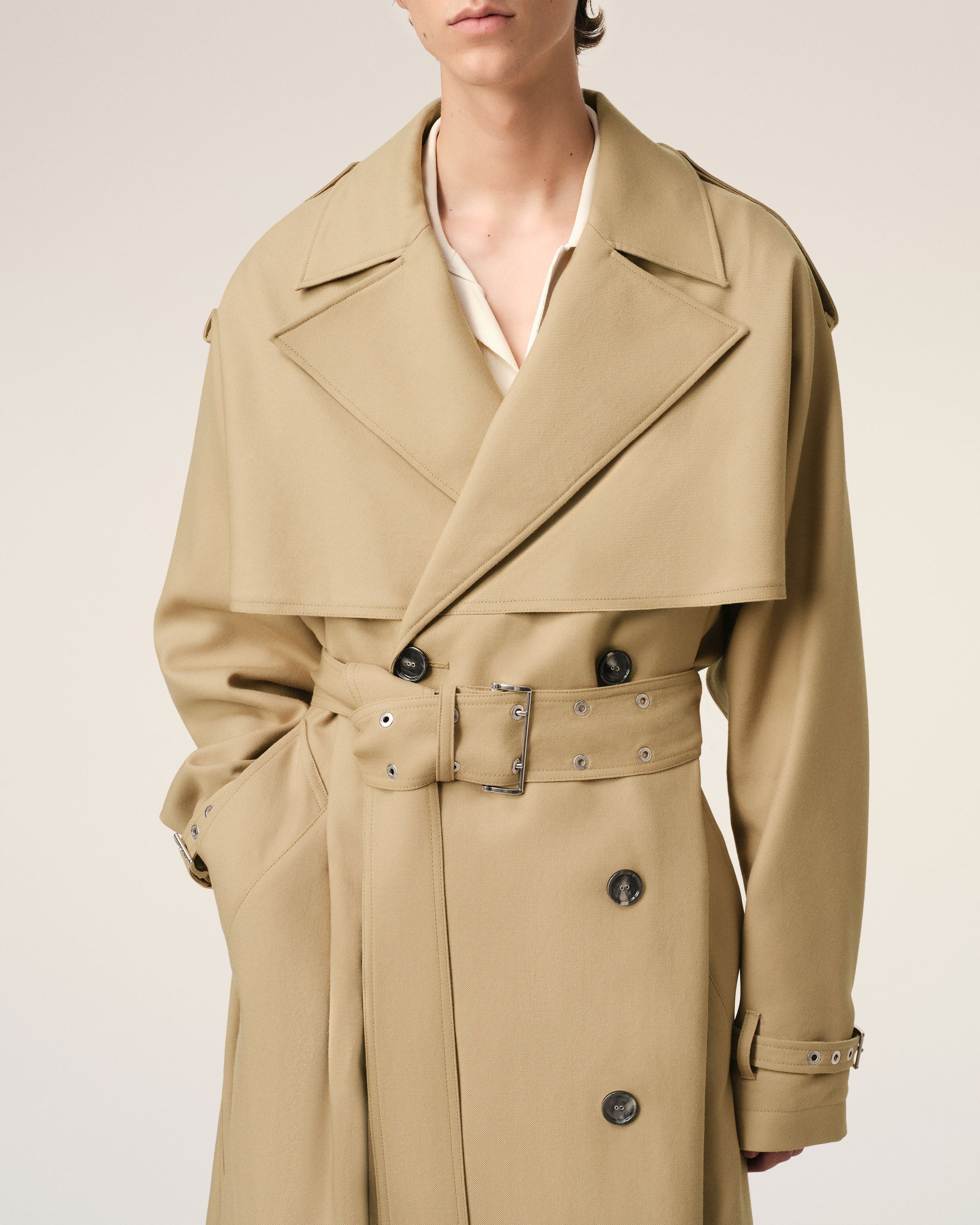 BEIGE WOOL TRENCH COAT - 4