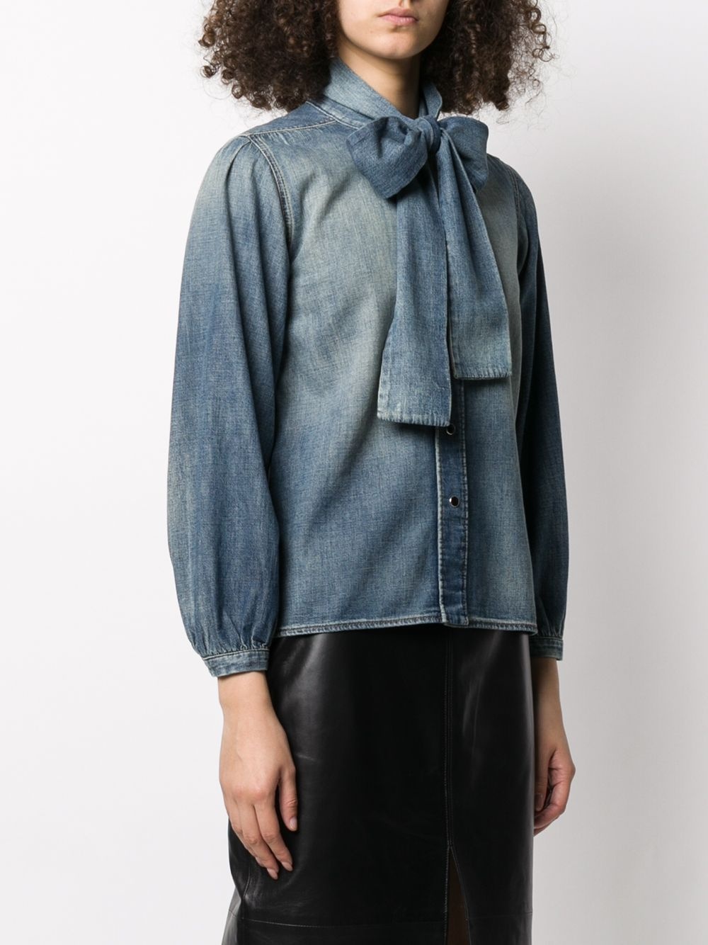 pussy-bow embellished denim blouse - 3