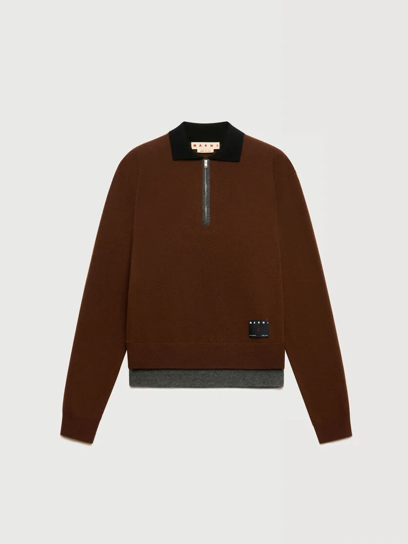 BROWN CASHMERE POLO JUMPER WITH LAYERED EFFECT - 1