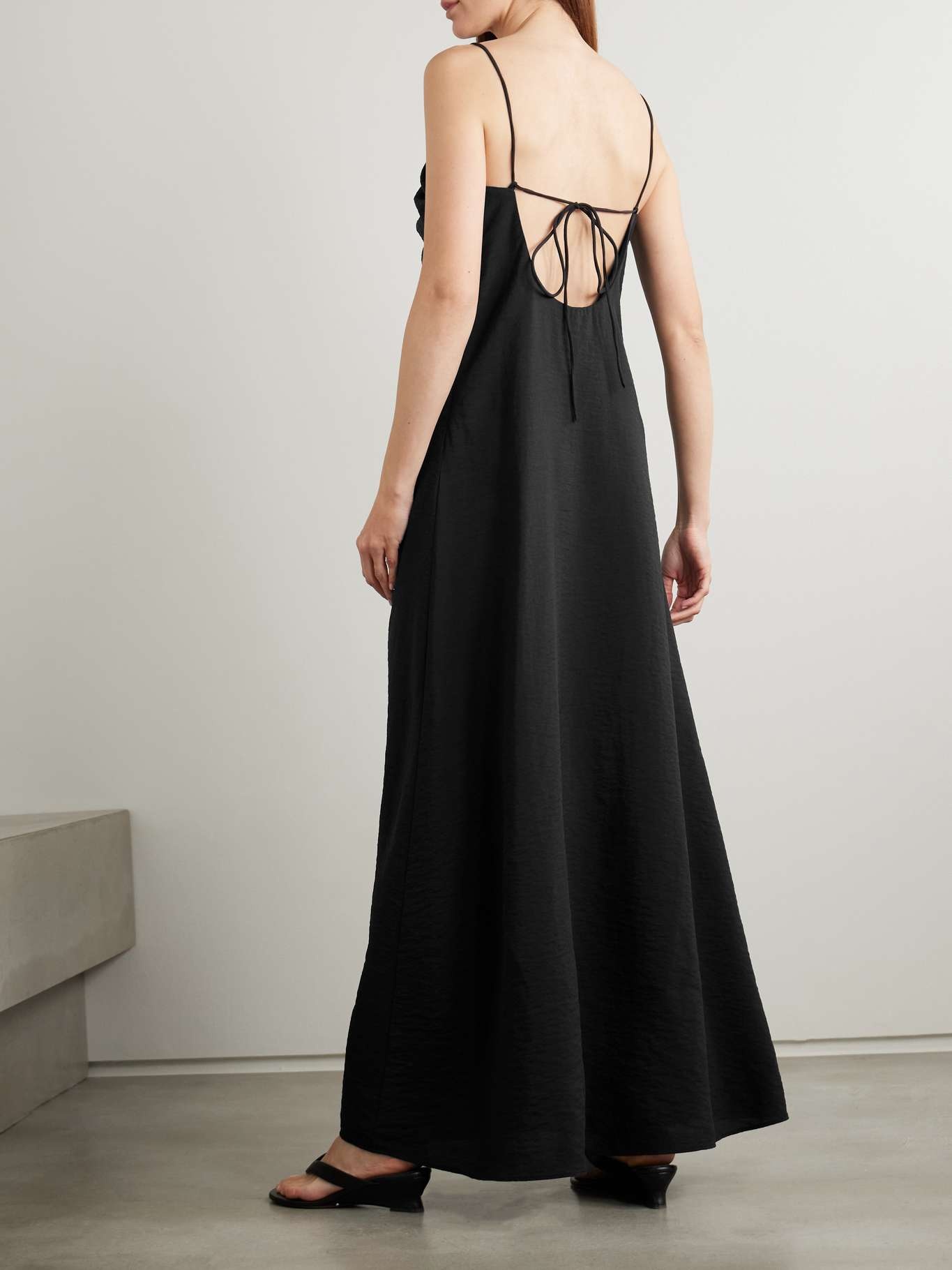 Gathered open-back silk-blend crepe maxi dress Black - 3