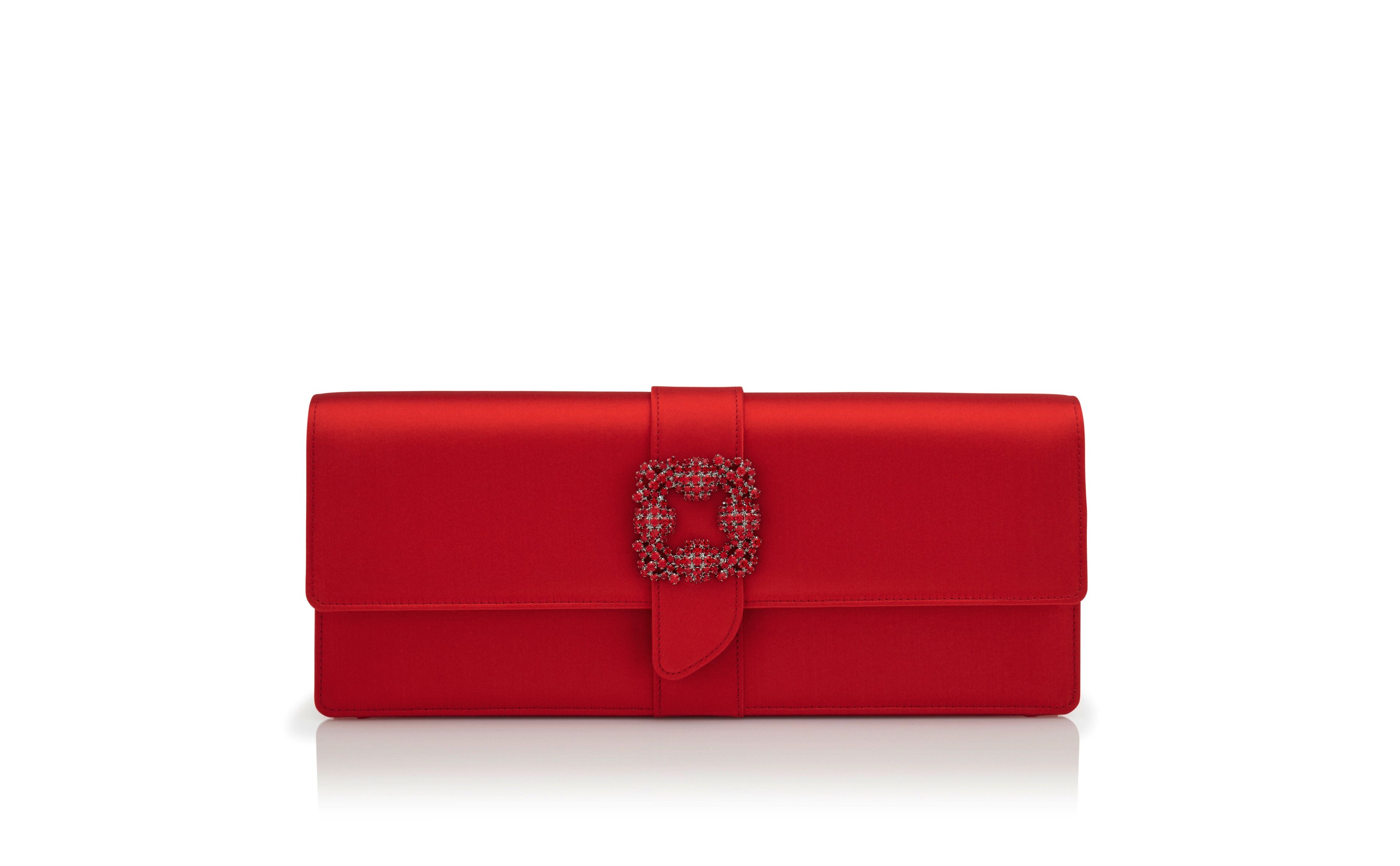 Red Satin Jewel Buckle Clutch - 1