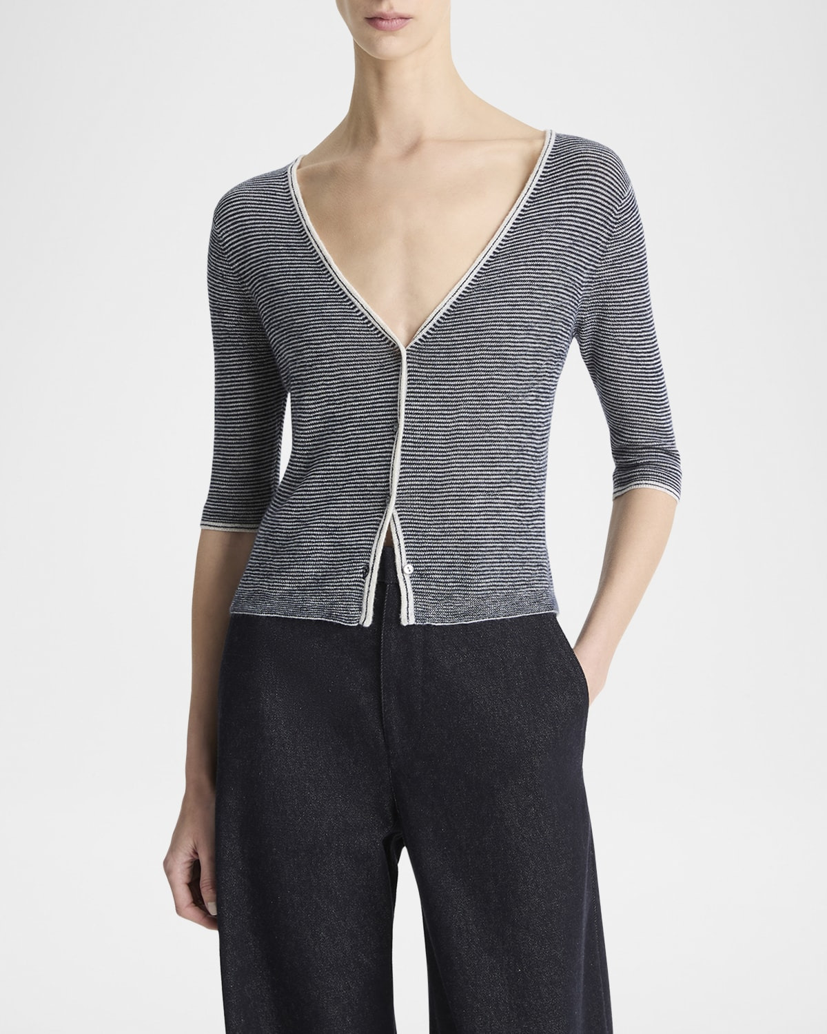 Micro-Stripe V-Neck Cardigan - 4