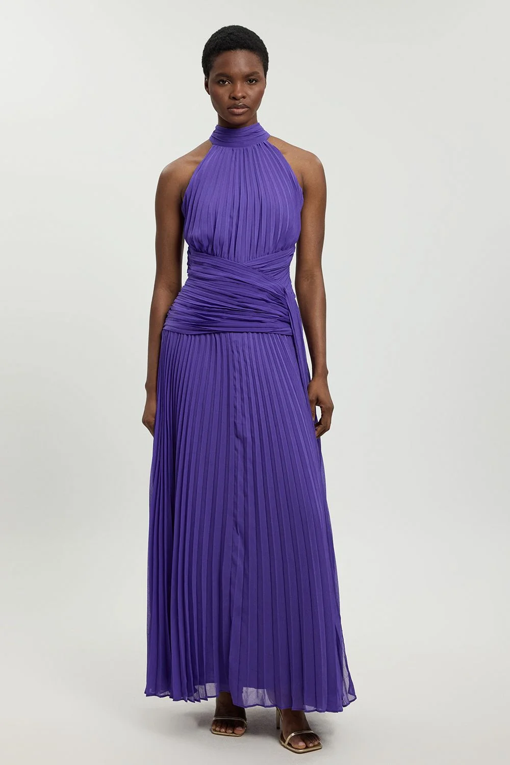Pleated Twist Front Woven Halter Midi Dress - 1