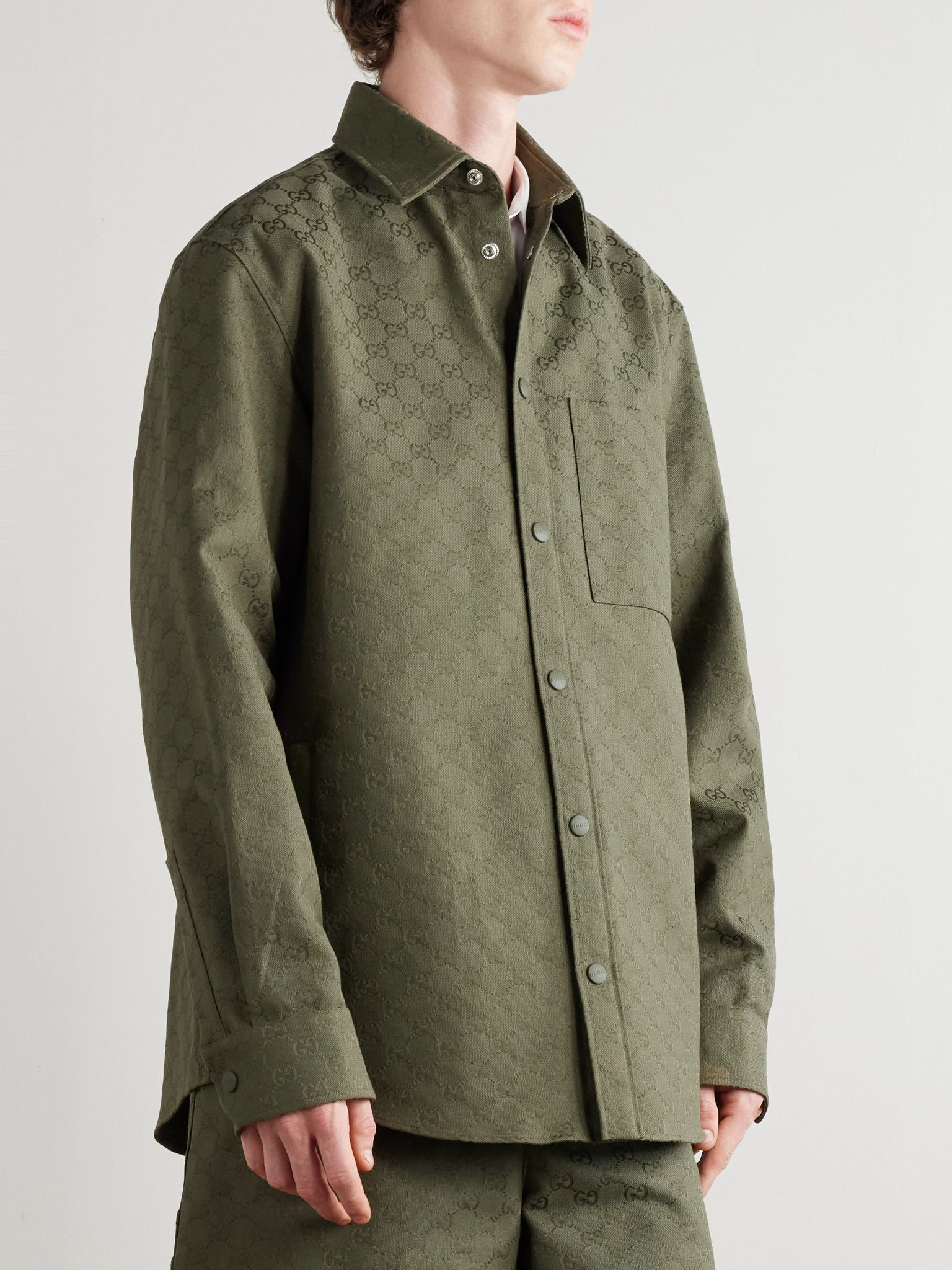 Monogrammed Cotton-Blend Jacquard Shirt Forest green - 3