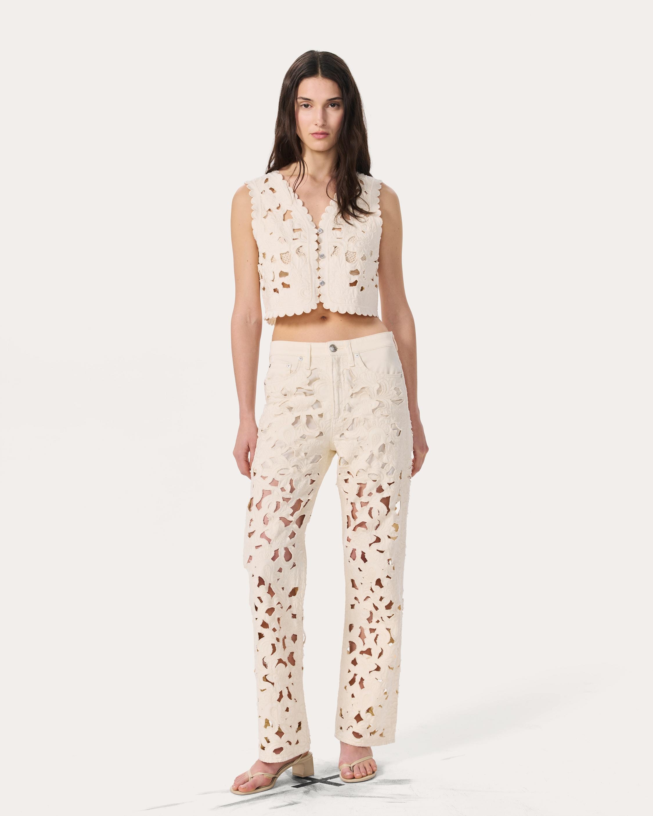 Coralie Cutout Denim Vest
Lightweight Rigid in Ecru Floral Cutout - 7