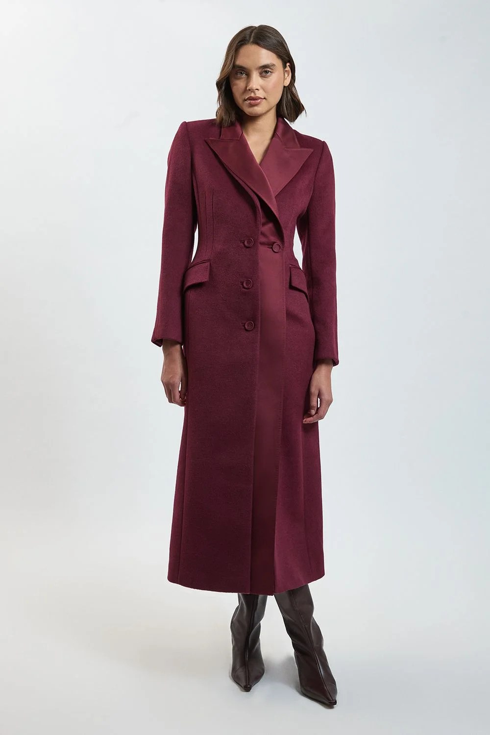 Brushed Wool Blend Satin Mix Midi Coat - 1
