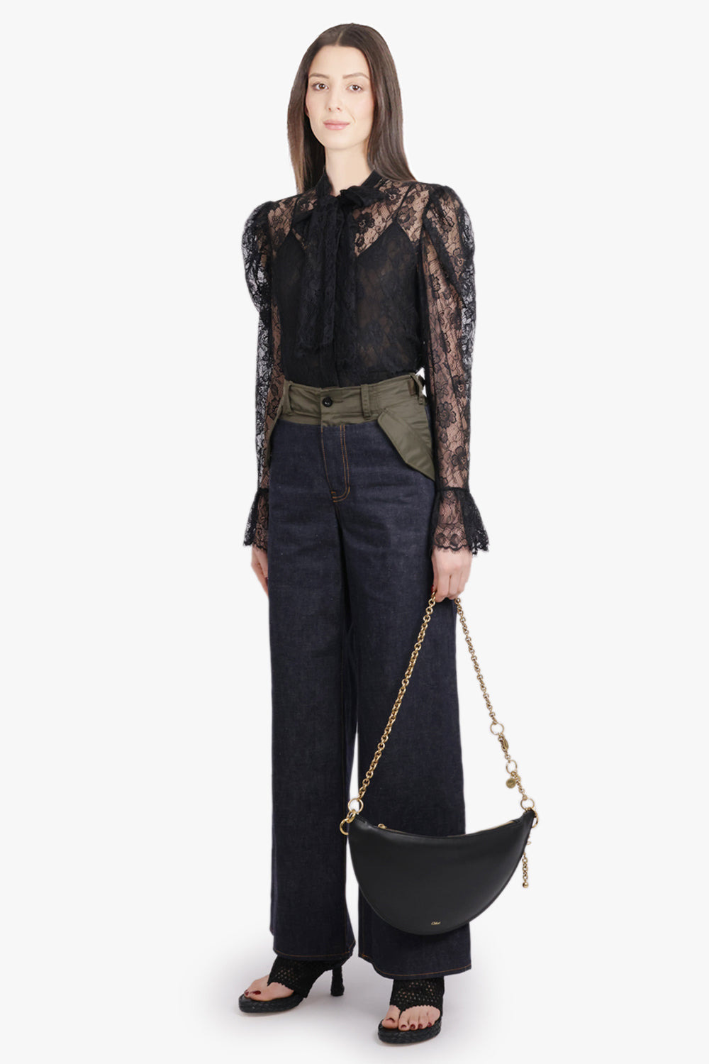 JACQUARD FLORAL LACE NECK TIE BLOUSE | BLACK - 5