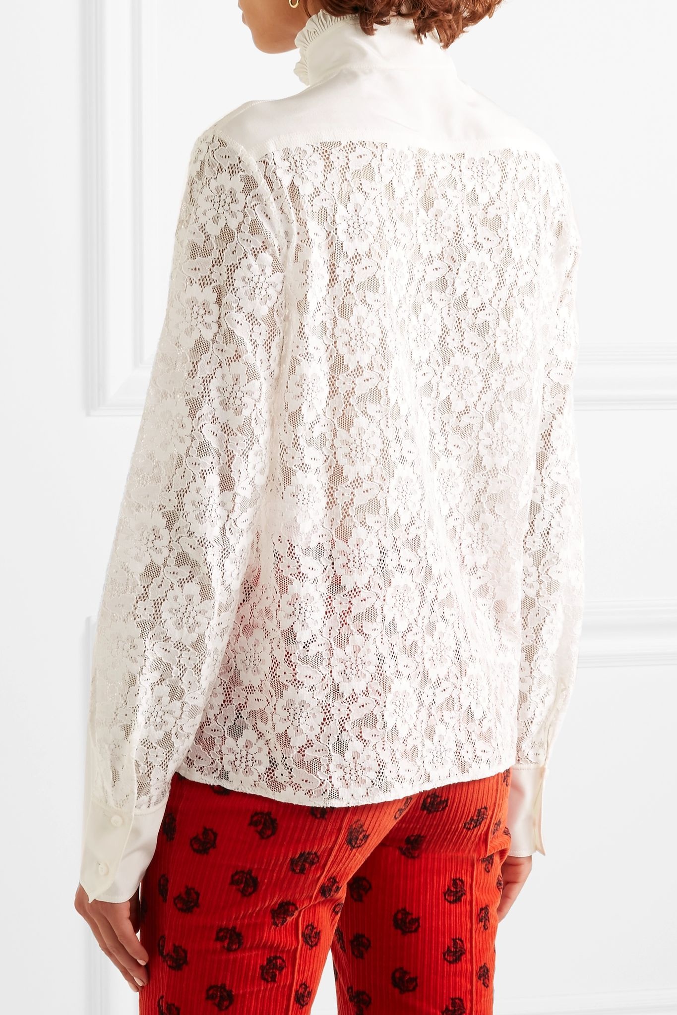 Ruffled silk-trimmed cotton-blend lace blouse - 4