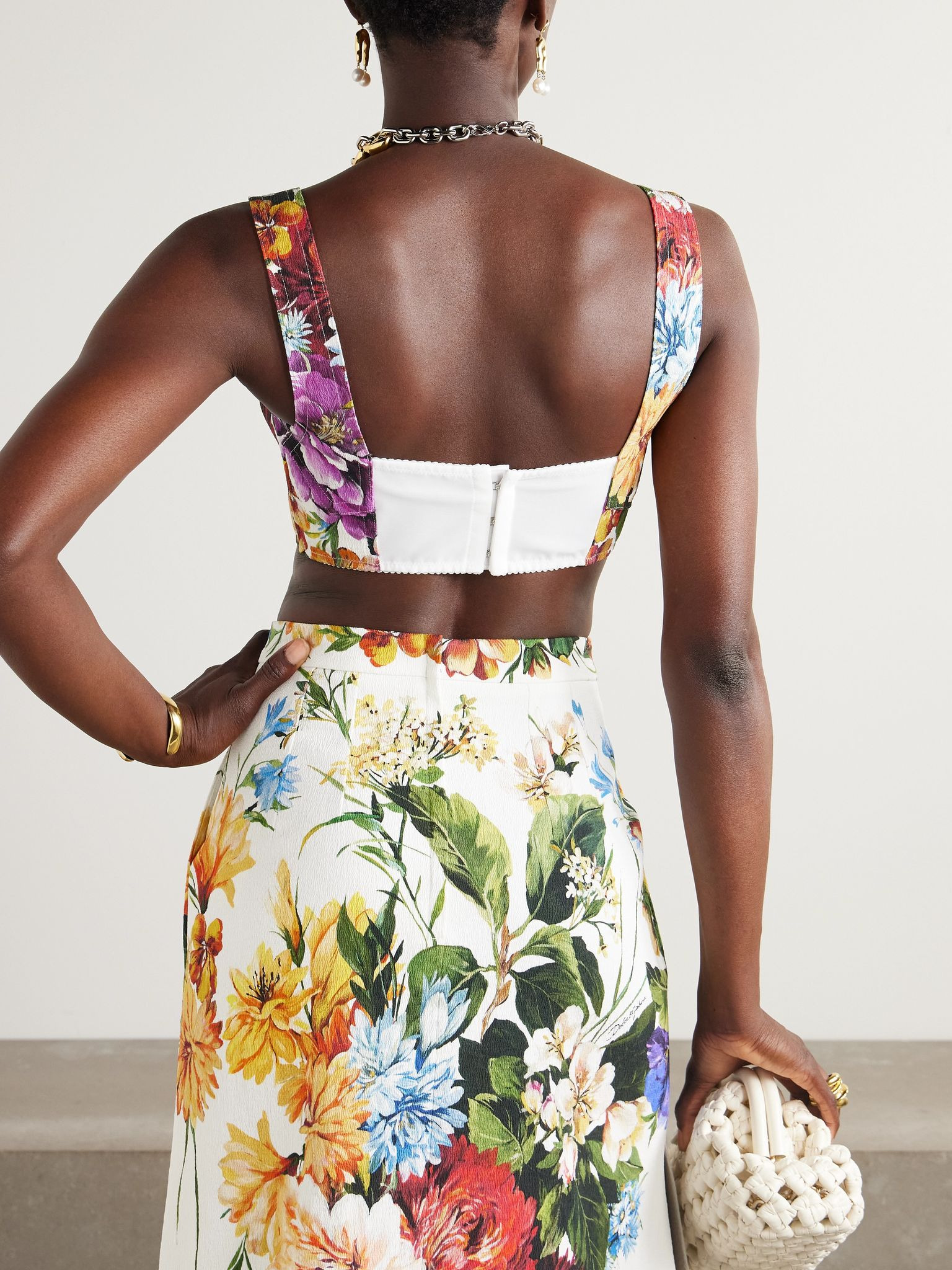Cropped poplin-trimmed floral-print crepon bustier top White - 3