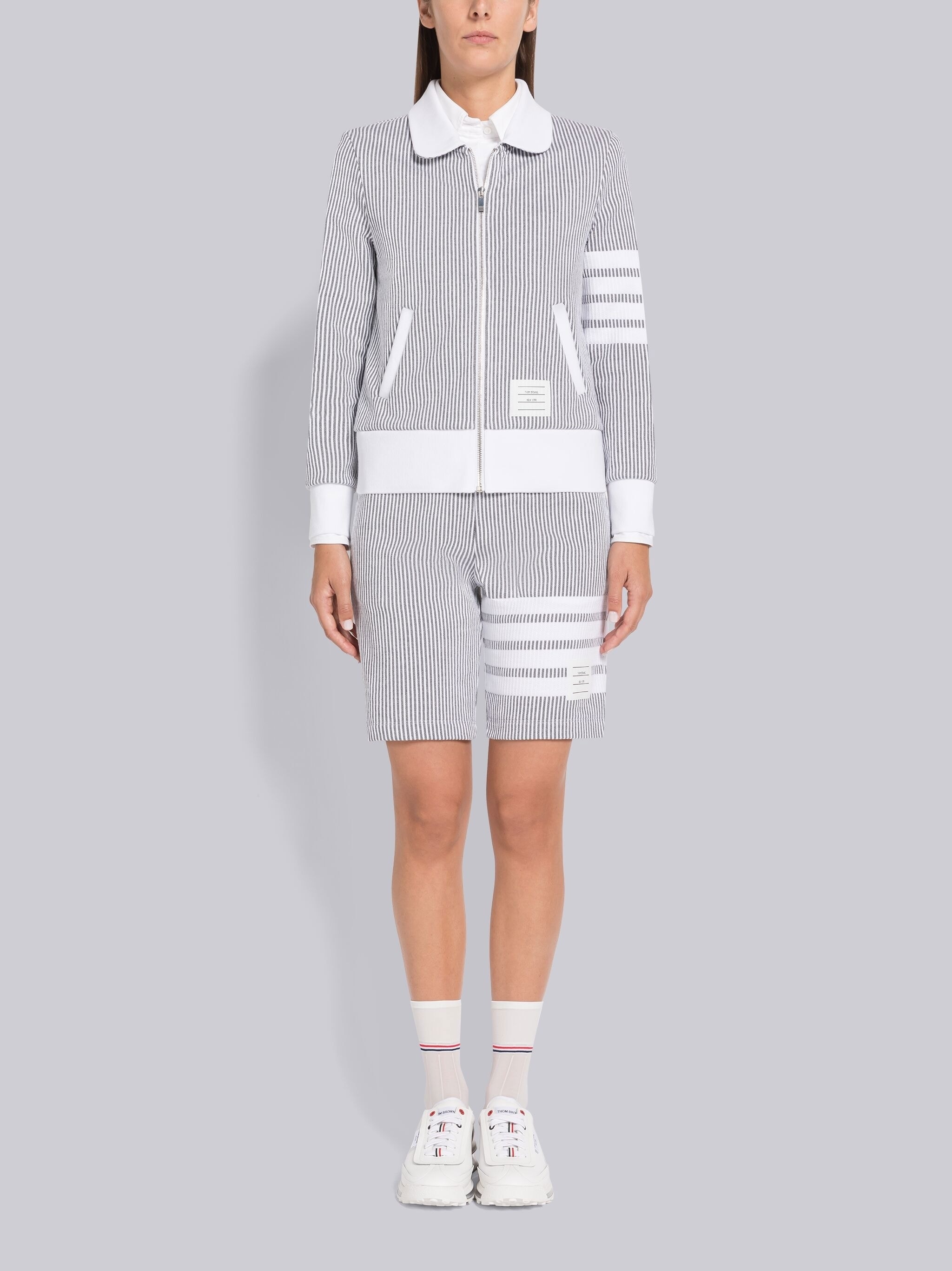 Seersucker Loopback 4-Bar Round Collar Zip Jacket - 4