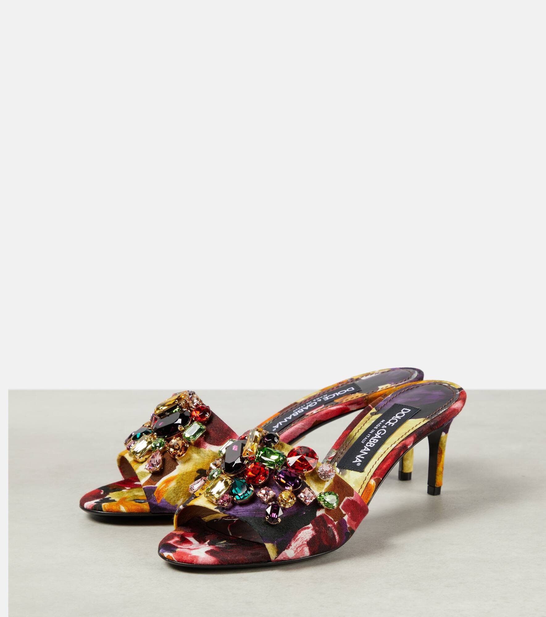 Rhinestone-embellished floral satin mules - 5