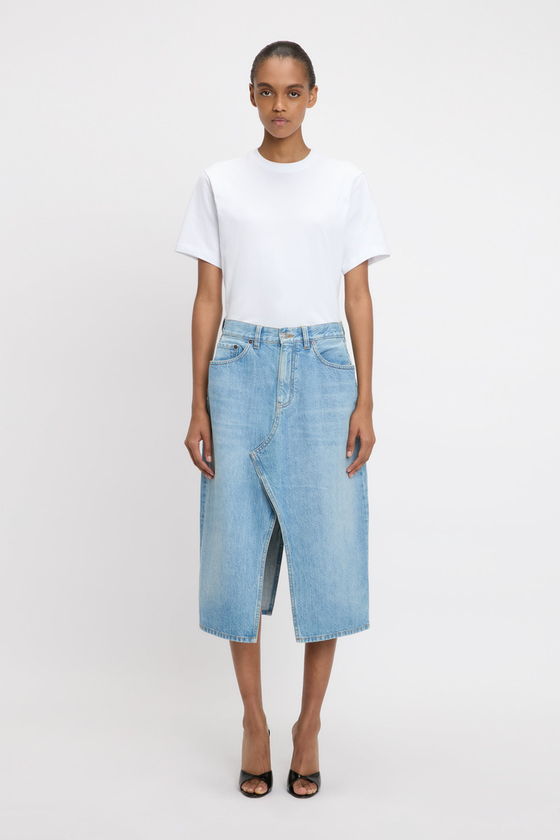 Victoria Beckham Kick Pocket Denim Skirt In Light Blue Wash outlook